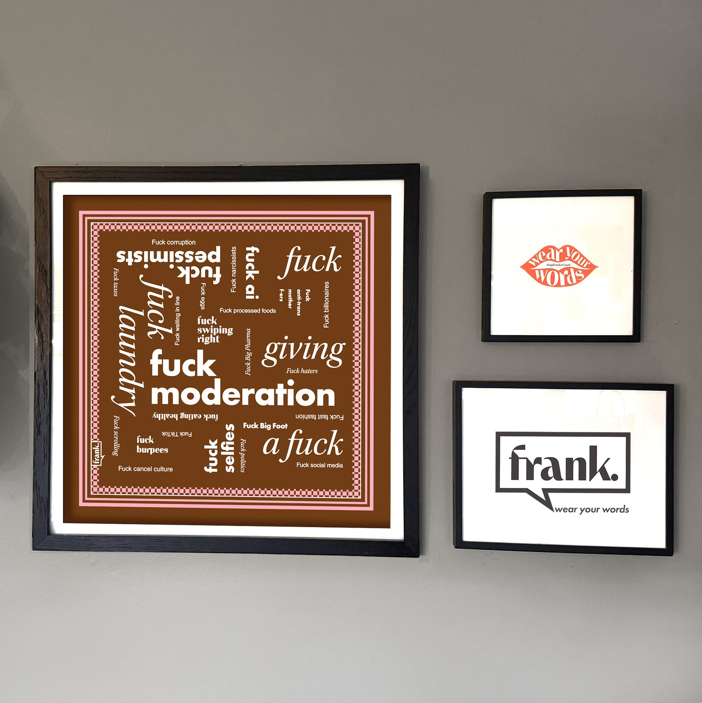 Framed Fuck Moderation bandana on a wall with other prints