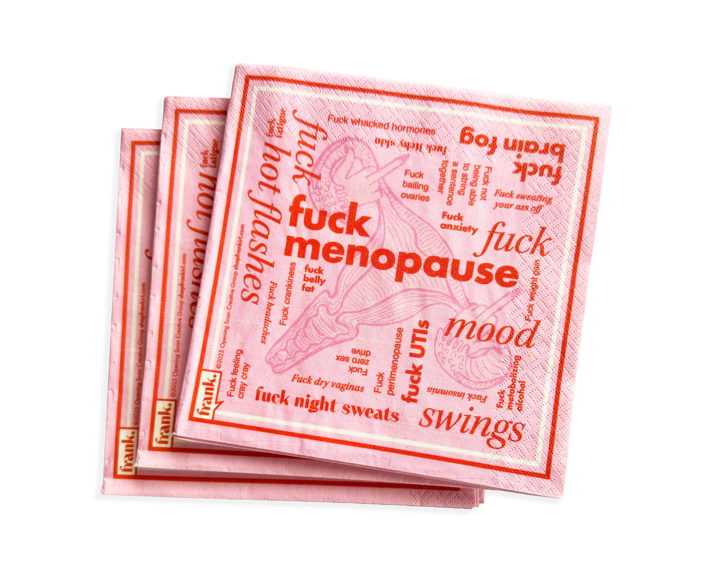 Set of 'Fuck Menopause' napkins with illustration of ovaries flipping the bird on a white background.