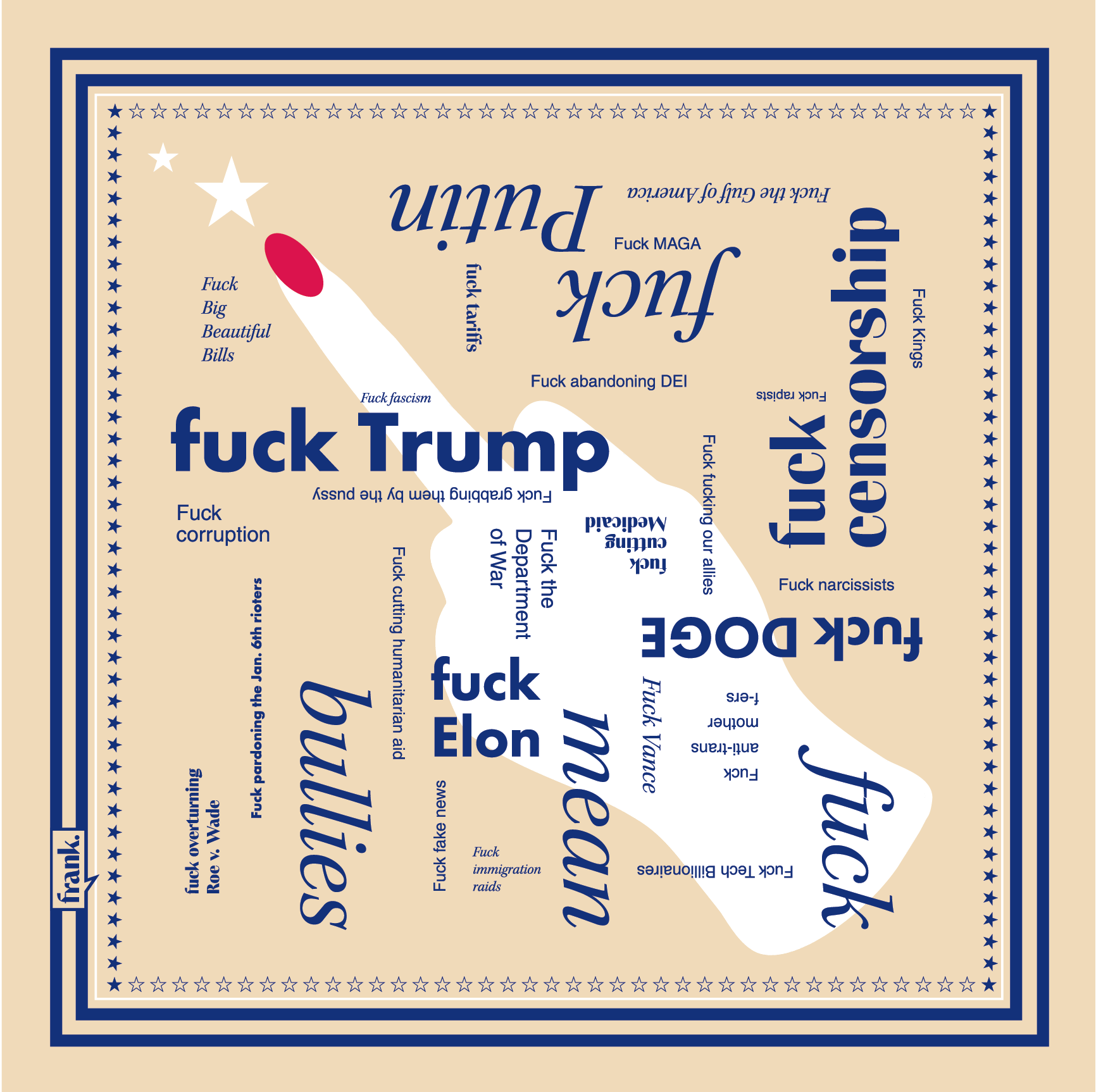 Graphic image of bandana design, beige and dark blue with white accents. Blue typography around current political topics fills the bandana. There is a female hand flipping the bird in the center, with red fingernail polish. There is a navy blue border of stripes and stars.