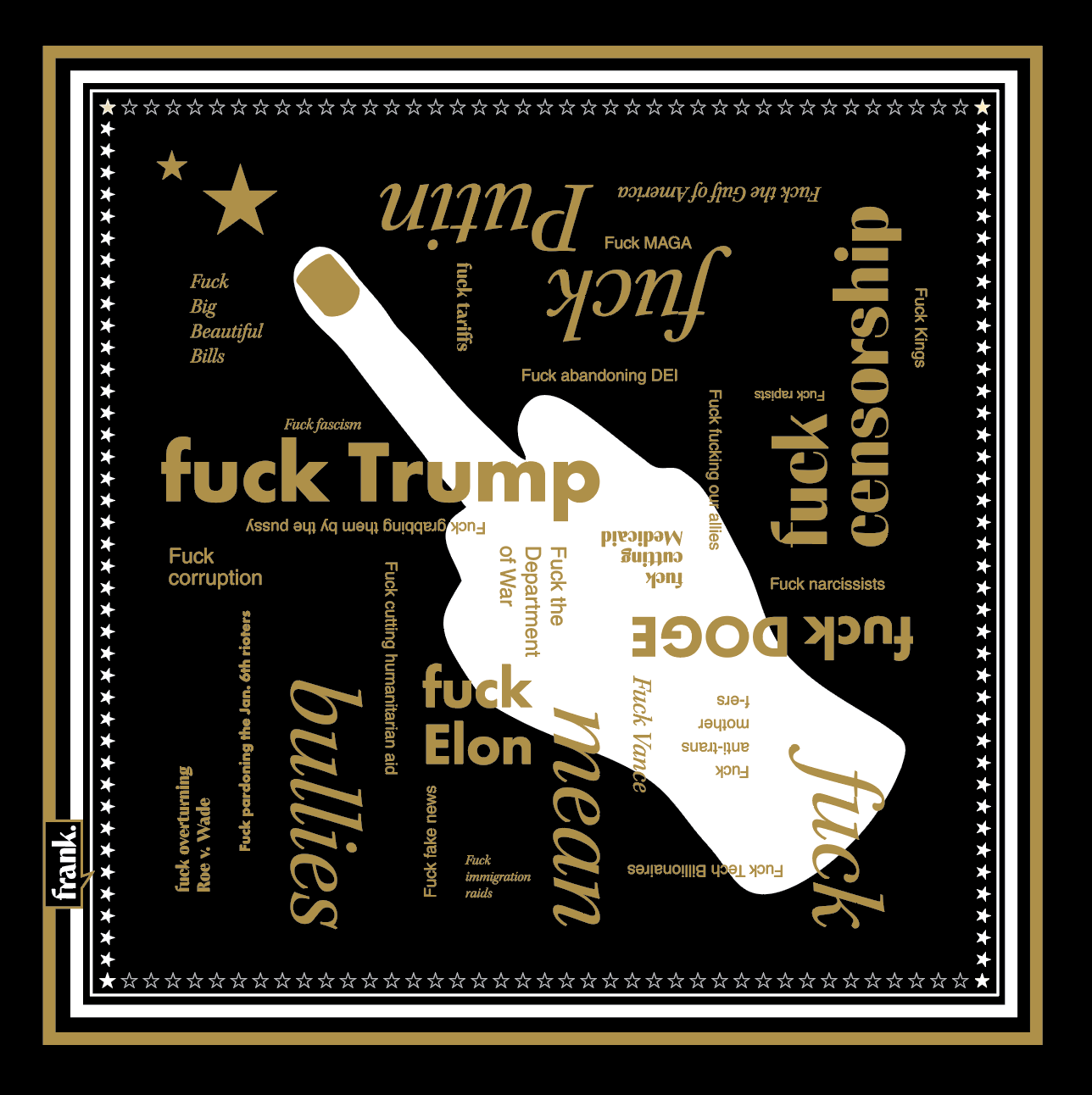 100% cotton black bandana with gold typography of current political happenings and white stars. In the center is a male hand flipping the bird. Bandana is bordered in white stars and gold and white frame.