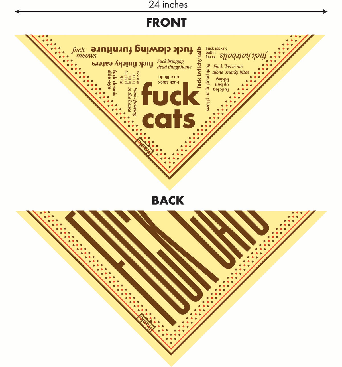 Graphic showing front and back of pet bandana with the dimensions of the longest dimension of 24 inches.