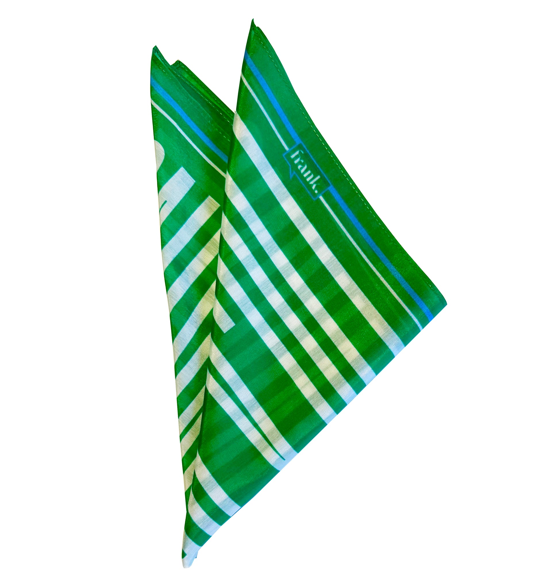 Green and white striped silk blend handkerchief/scarf with 'frank' branding on a white background.
