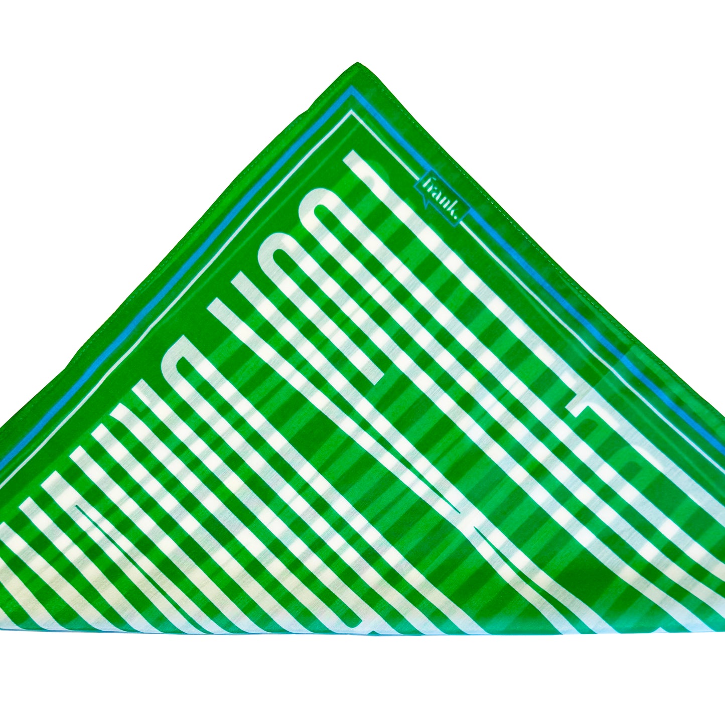 Grass green and white striped scarf / handkerchief with 'frank' logo on a white background