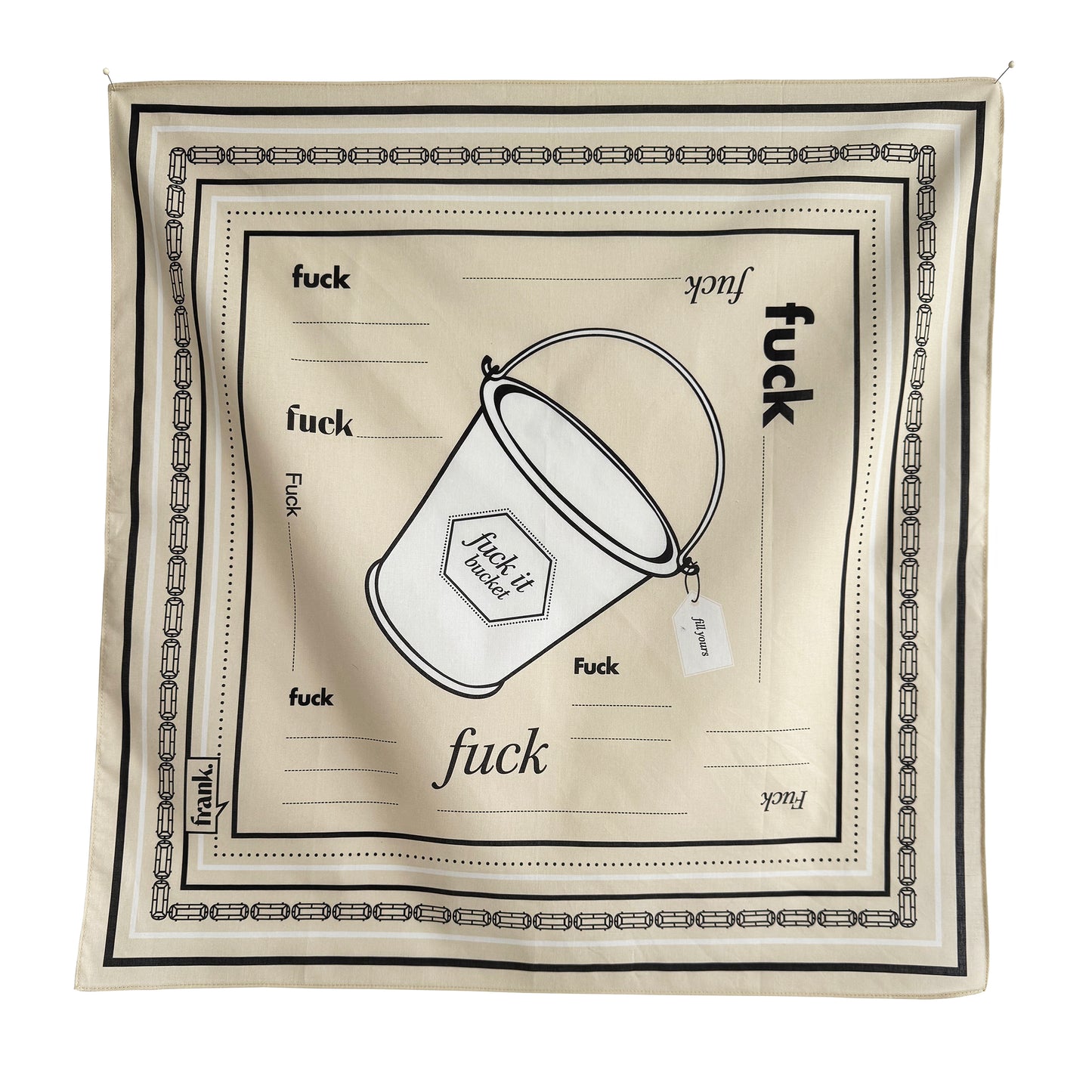 Beige customizable bandana with a "Fuck It Bucket" at the center of the bandana. There are areas for the consumer to fill in whatever they'd like to. 