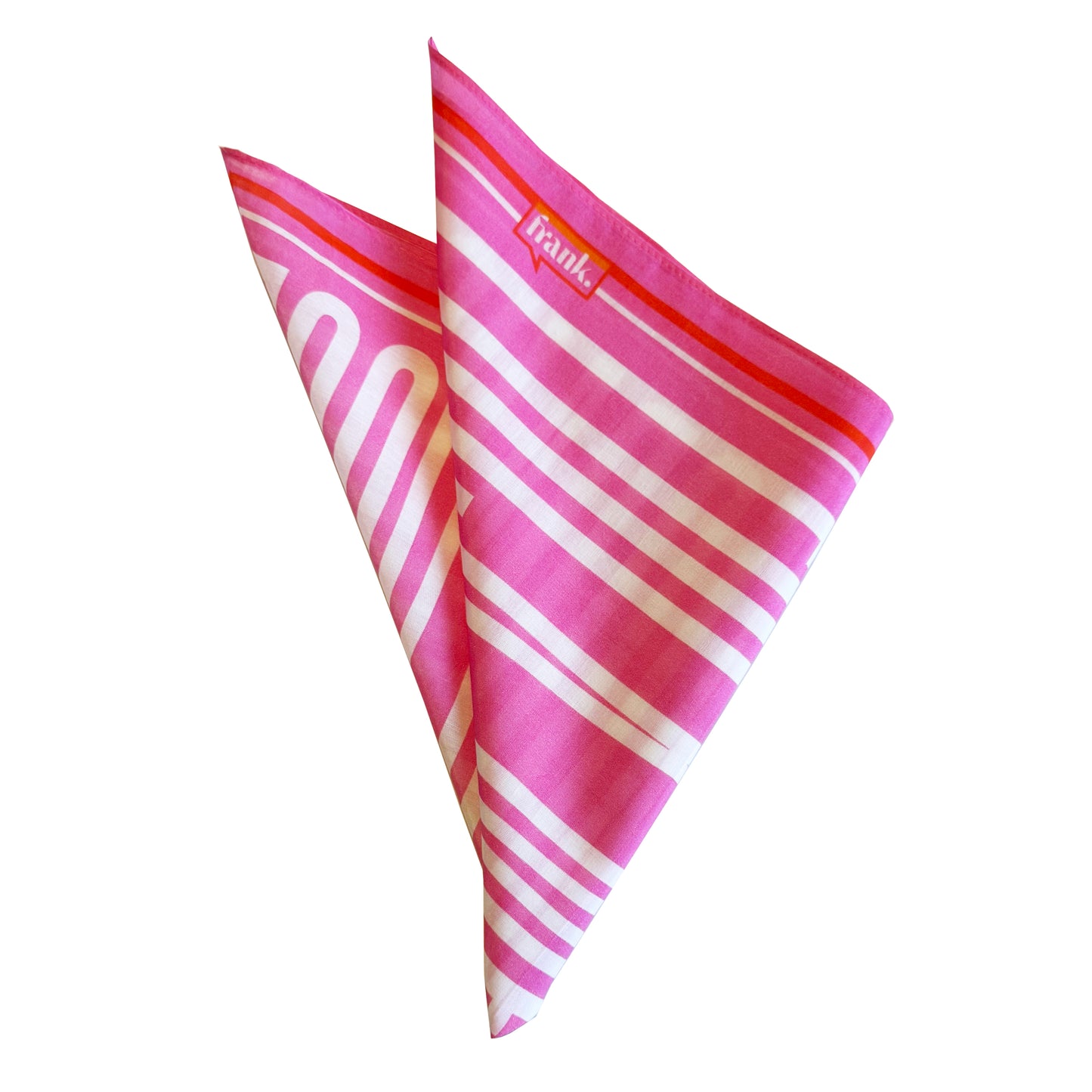 Pink and white striped silk scarf / handkerchief with a brand logo on a white background