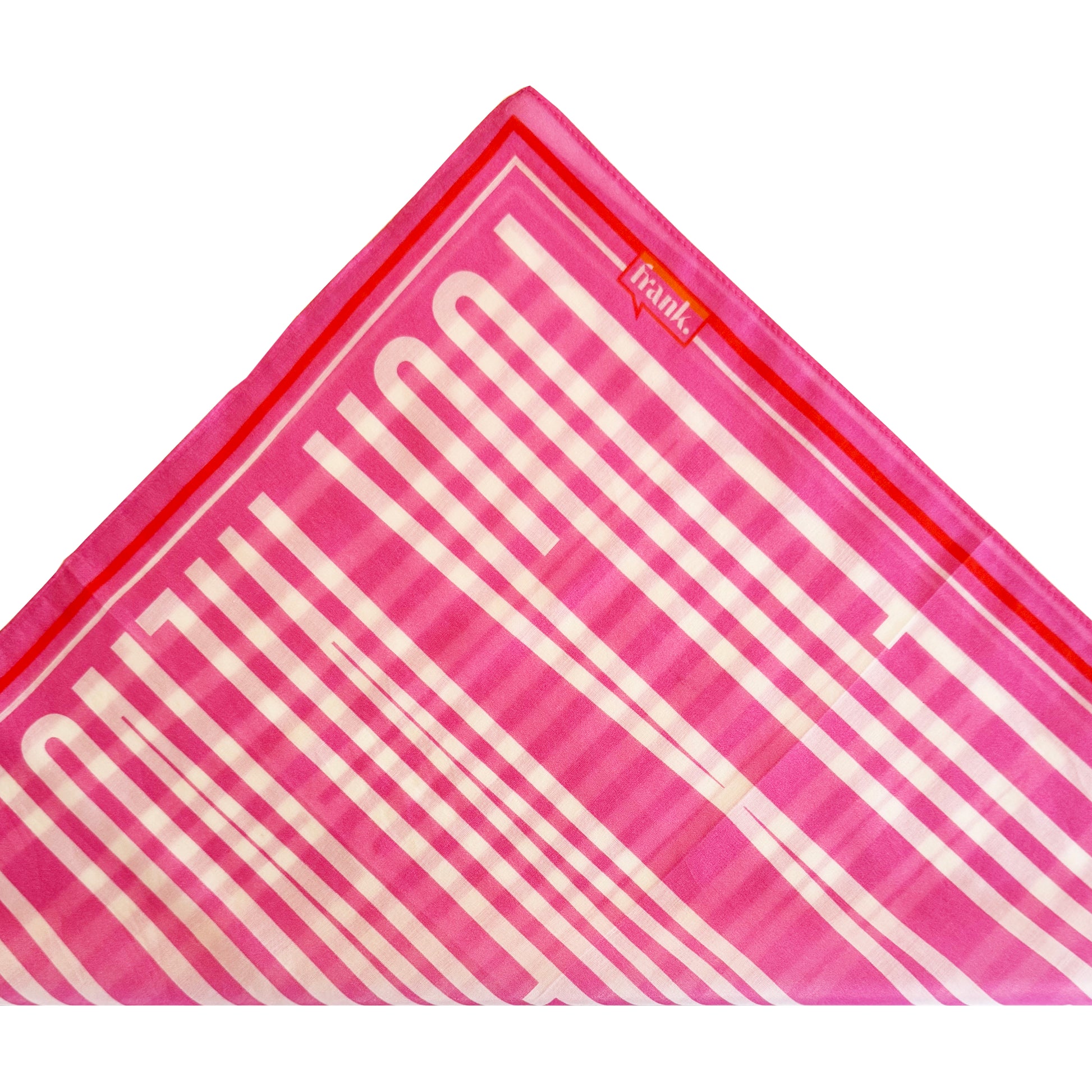 Pink and white striped silk scarf / handkerchief folded into a triangular shape with a brand logo on a white background