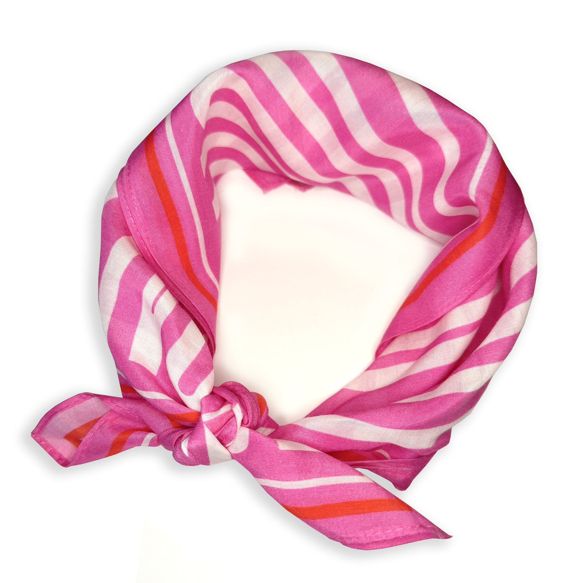 Pink and white striped silk scarf / handkerchief folded as one could wear it around their neck.
