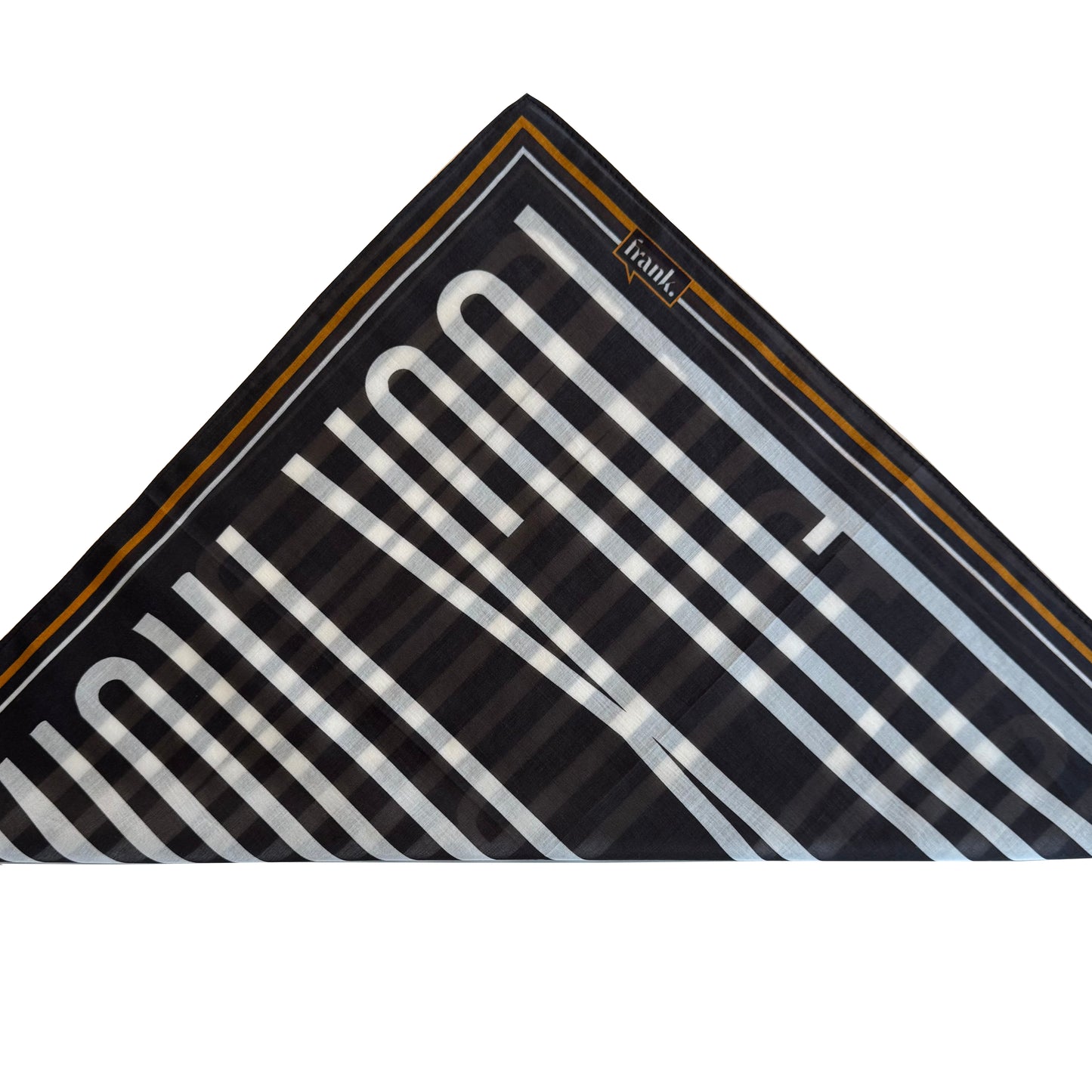 Black and gold patterned scarf folded into a triangle shape on a white background
