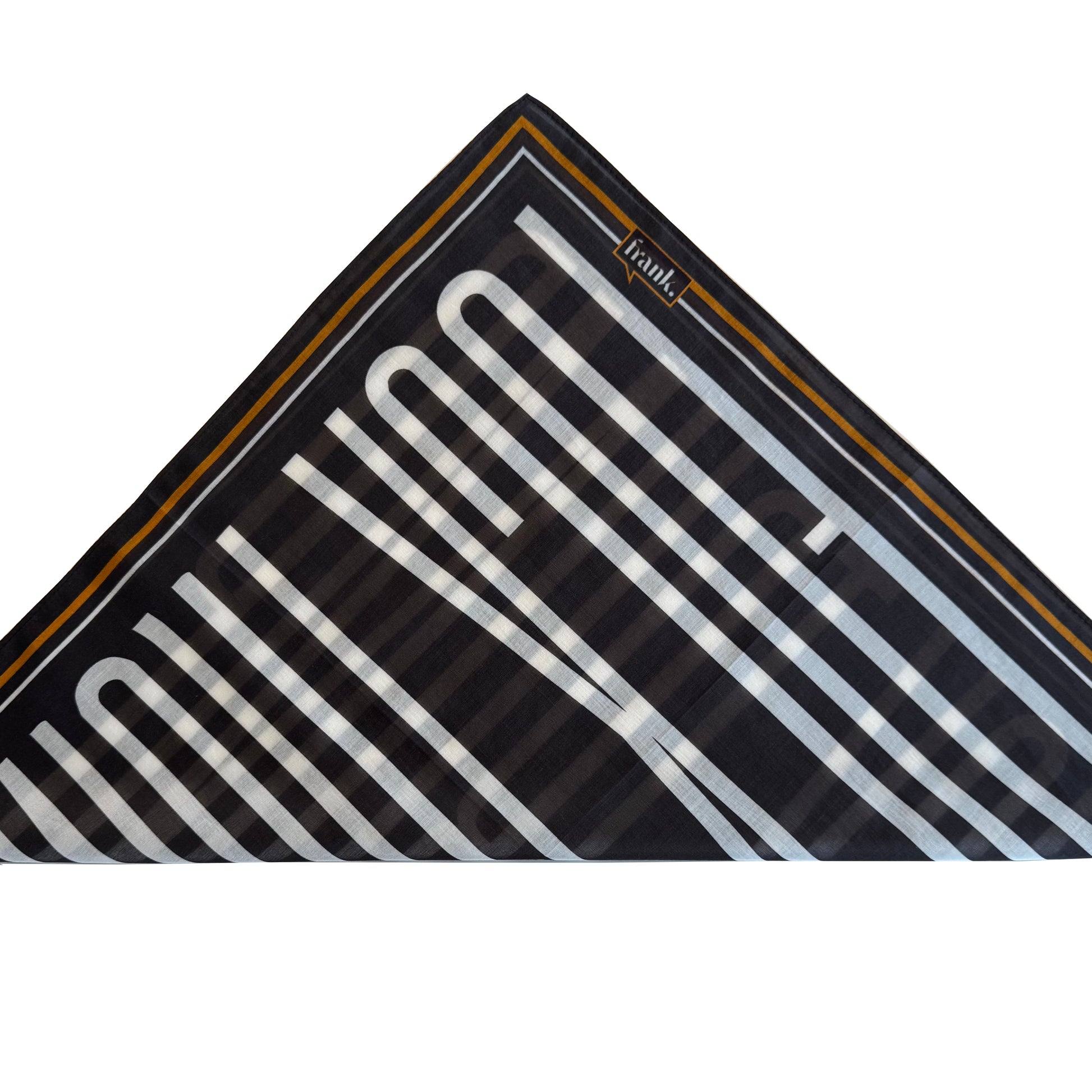 Black and gold patterned scarf folded into a triangle shape on a white background