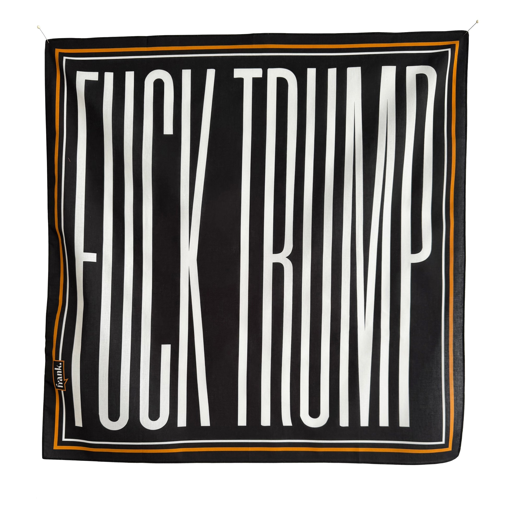 Black square 100% cotton bandan with 'FUCK TRUMP' printed in white letters on a white background