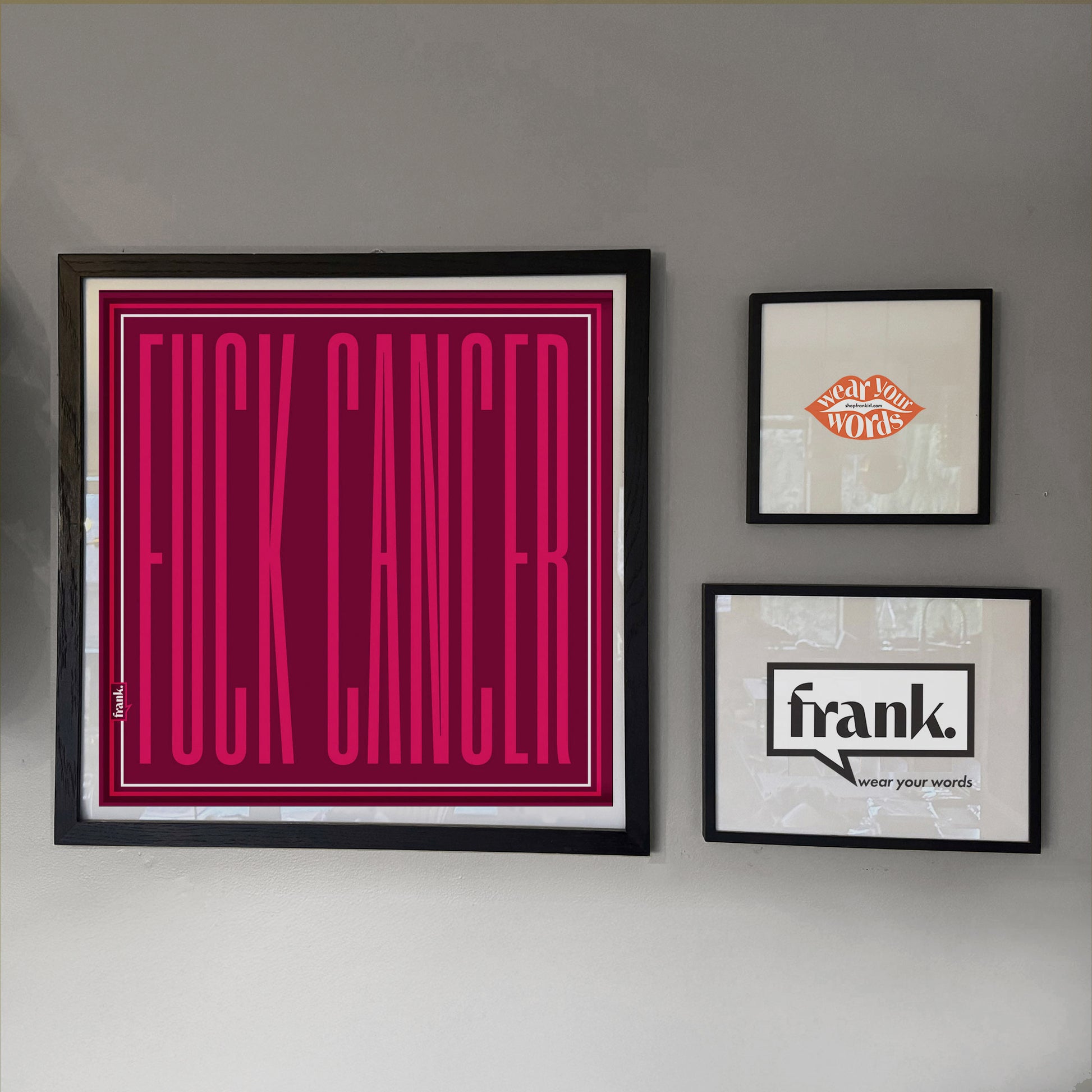 Framed scarf on a wall with text and branding.