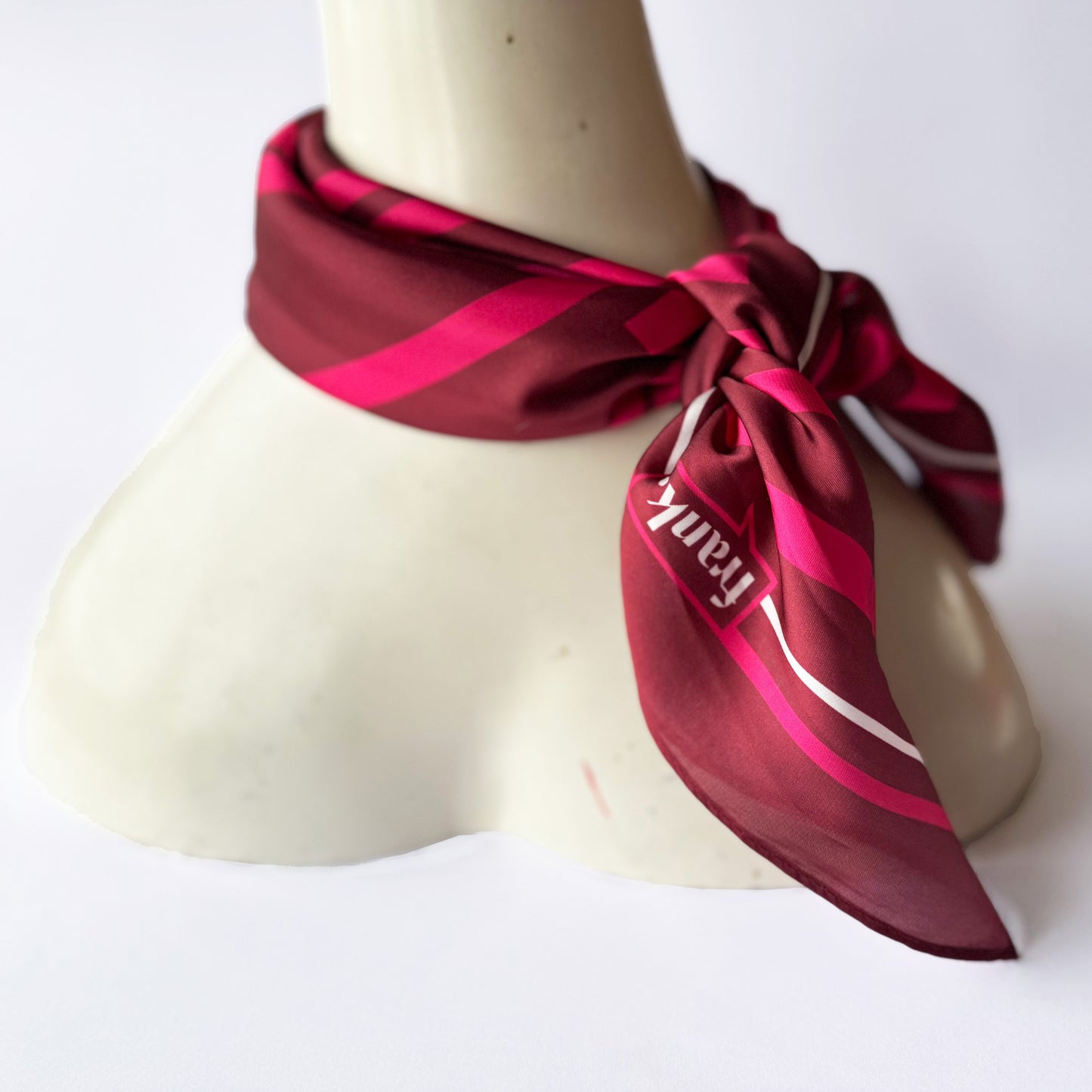 Burgundy and pink striped scarf with 'frank' branding on a mannequin neck.