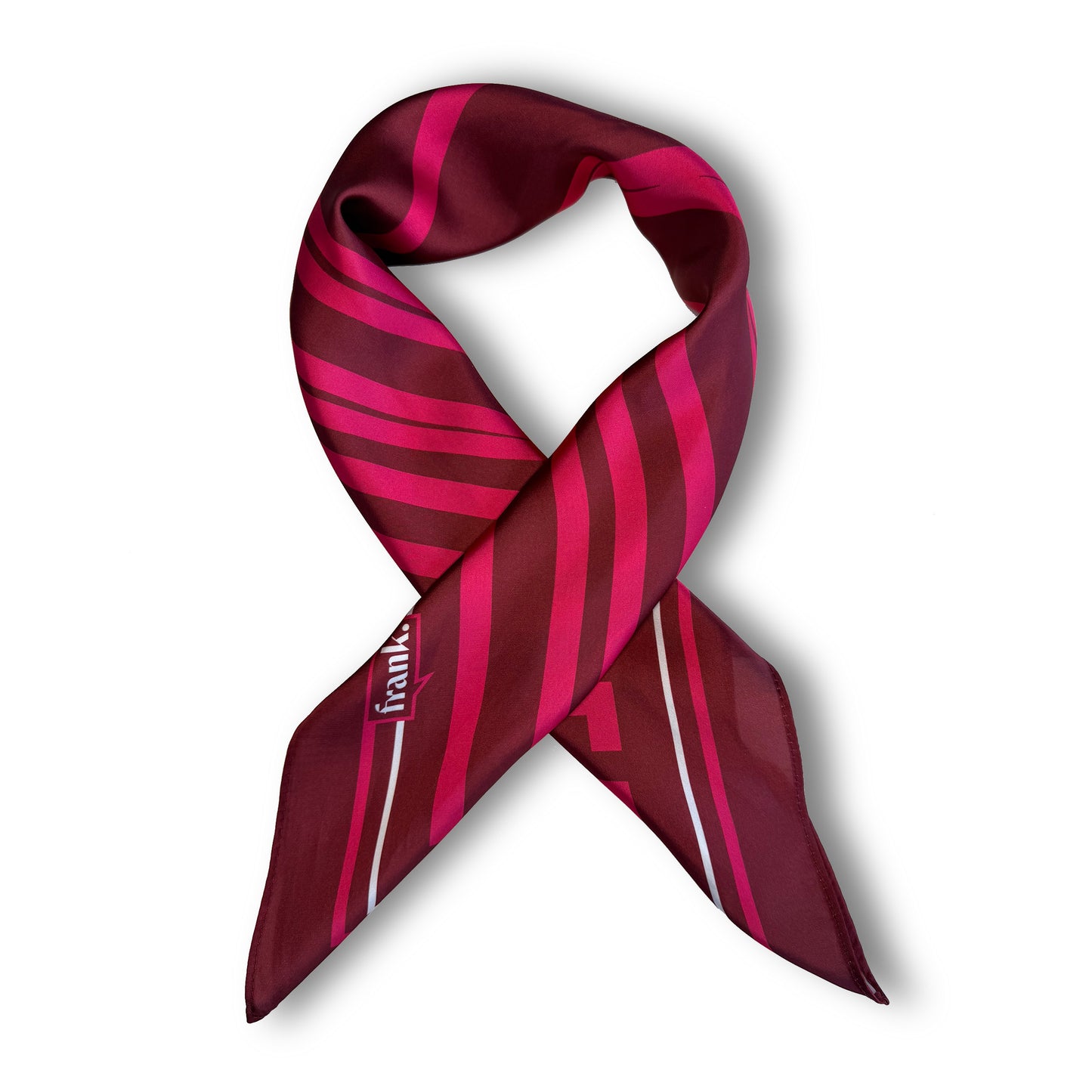 Burgundy and pink striped scarf with 'frank' branding on a white background