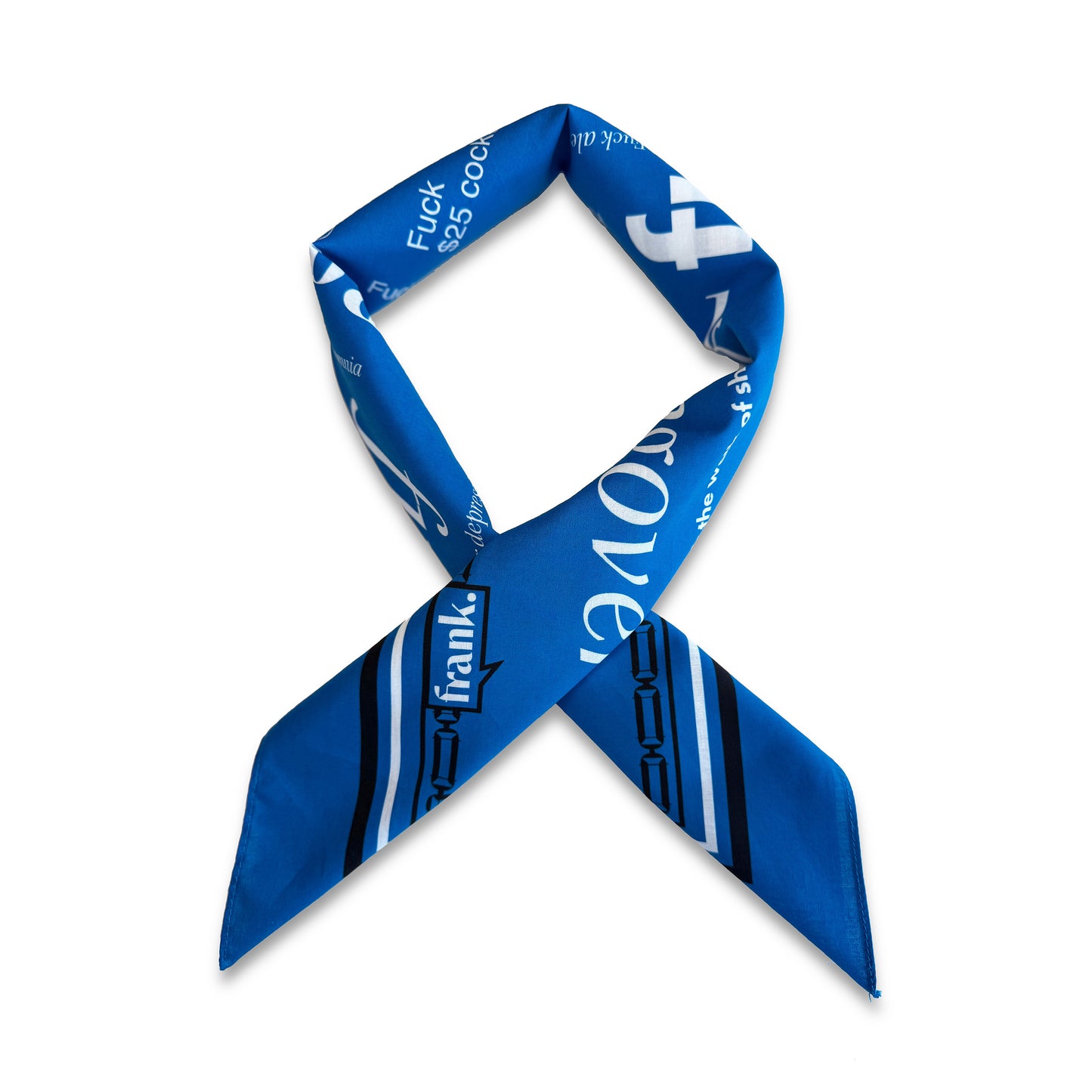 Blue bandana with text on a white background