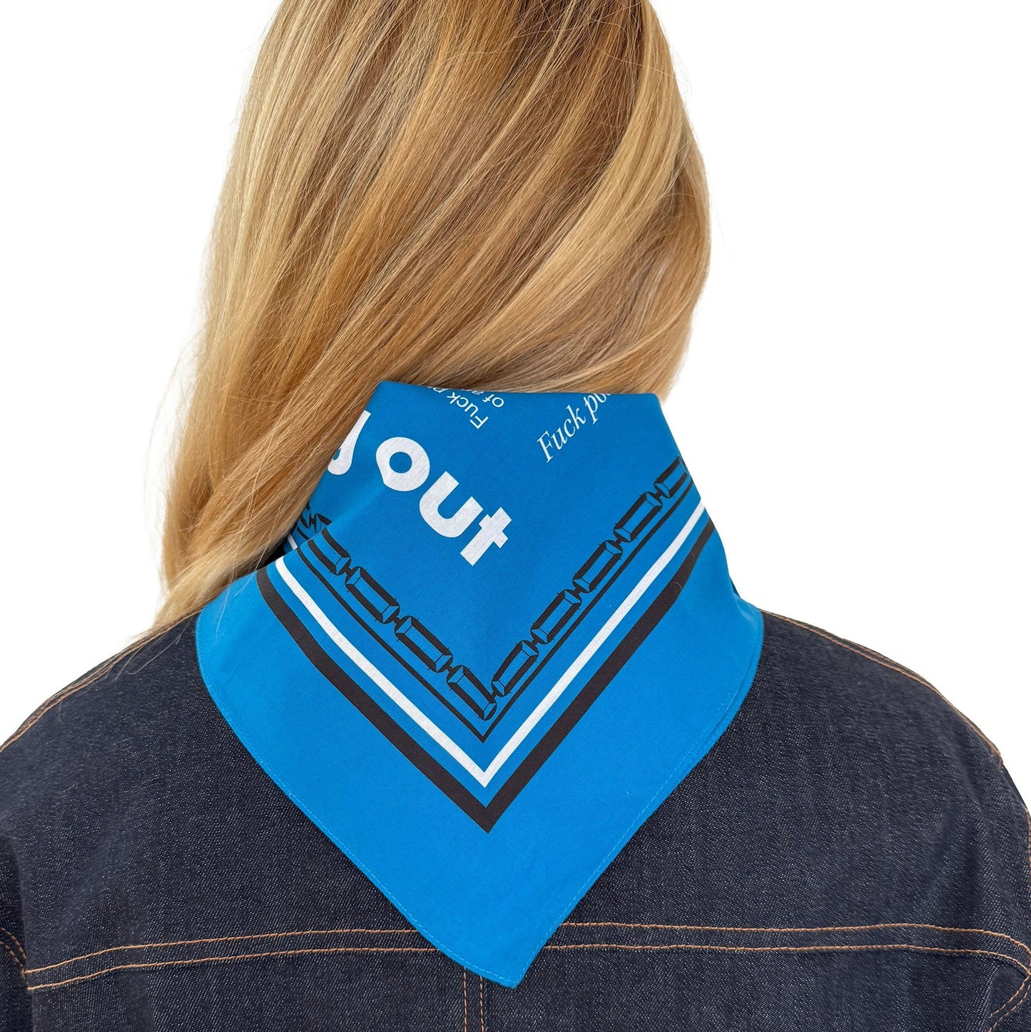 Backview of a person wearing a blue bandana with text on a white background