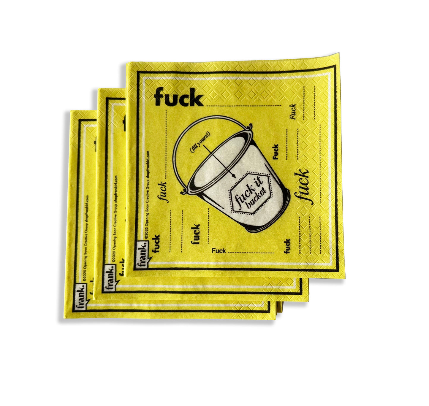 Yellow Fuck It Bucket 3 ply paper napkins with black text and graphics on a white background