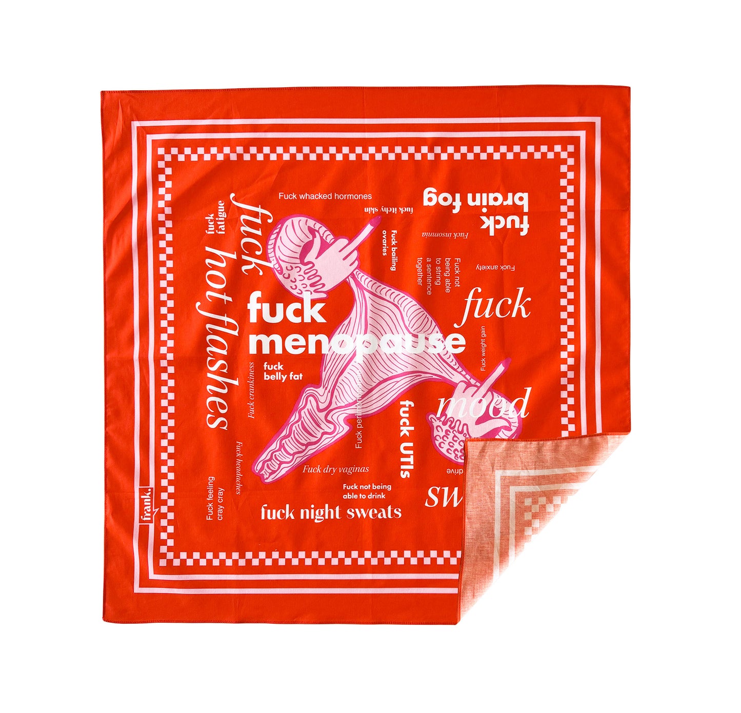Deep orange bandana with white text and graphic design on a white background