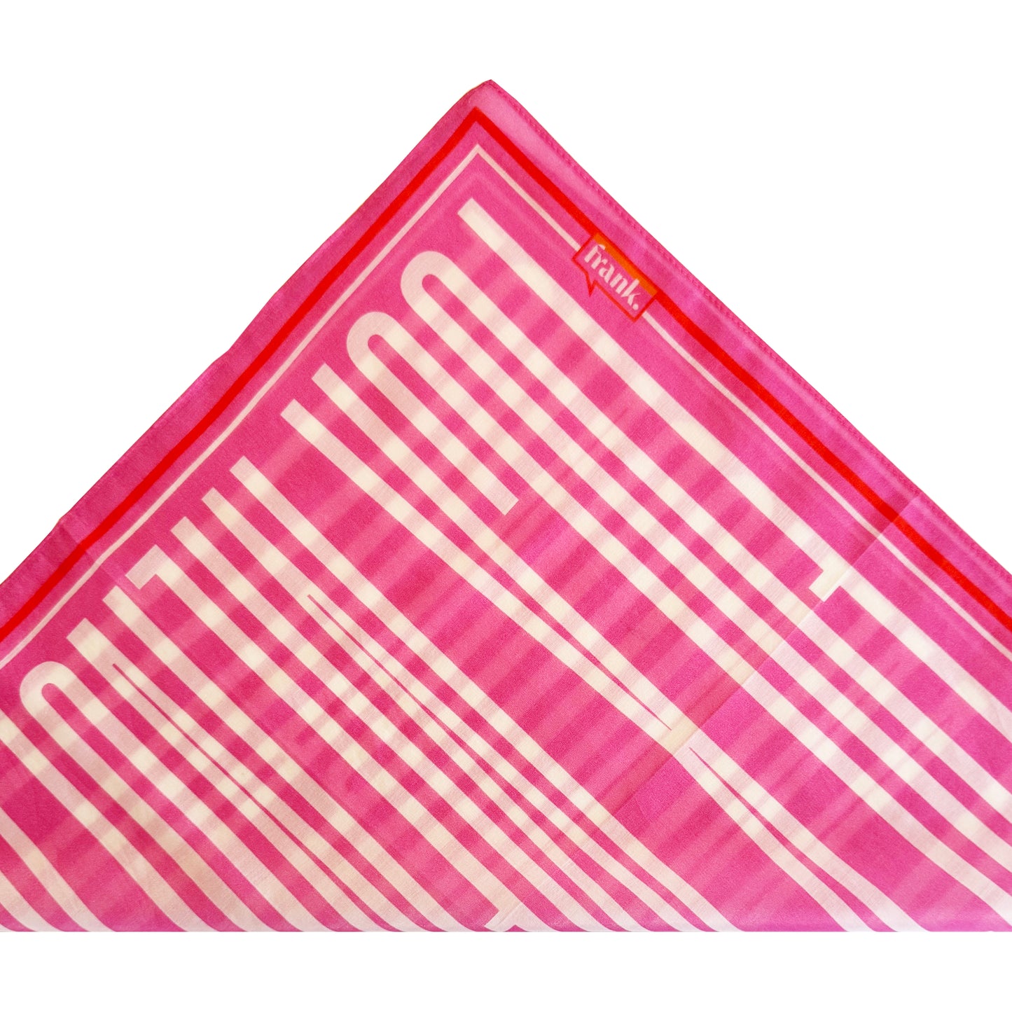 Pink and white striped silk scarf / handkerchief folded into a triangular shape with a brand logo on a white background