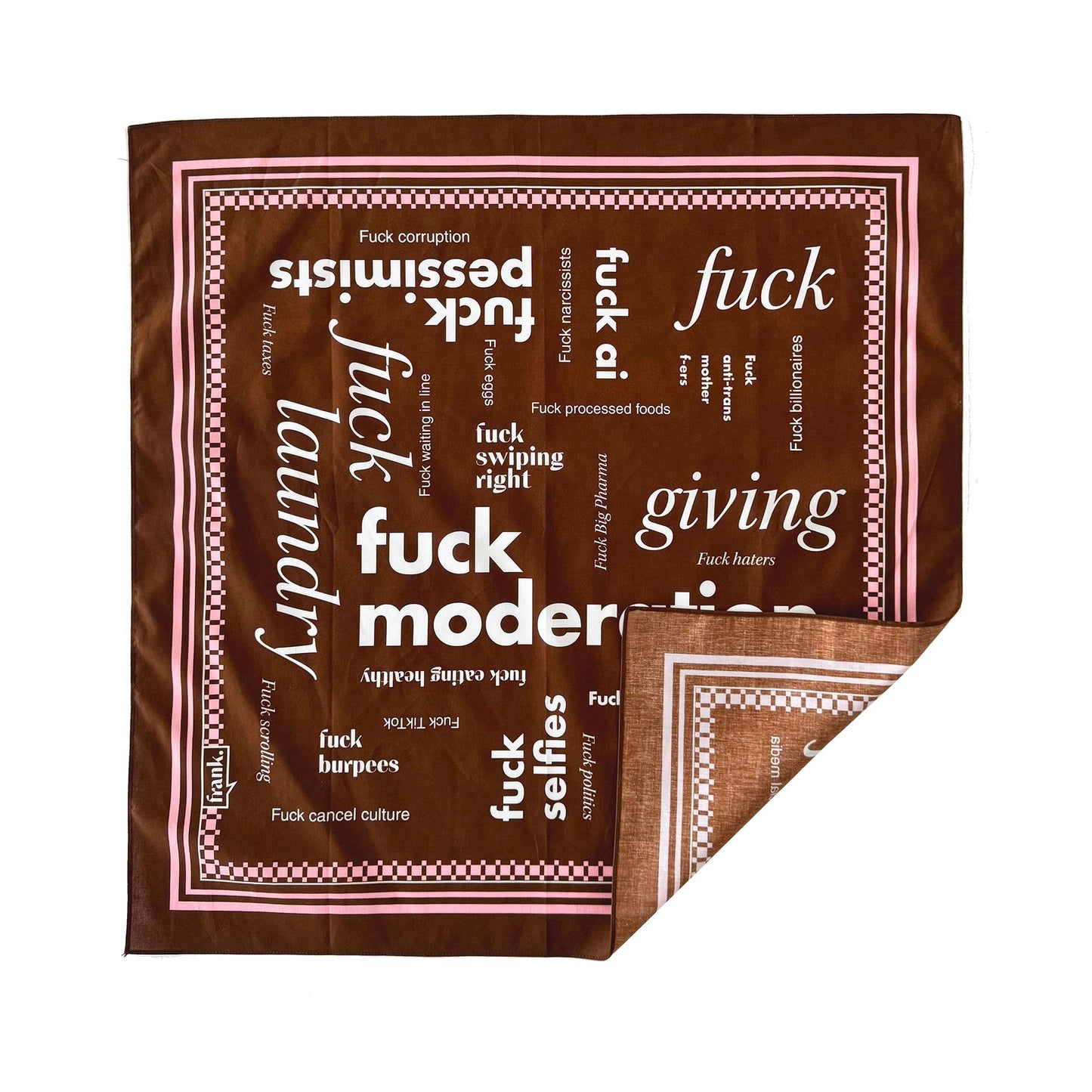 Brown bandana with corner turned up to reveal unprinted backside of bandana.