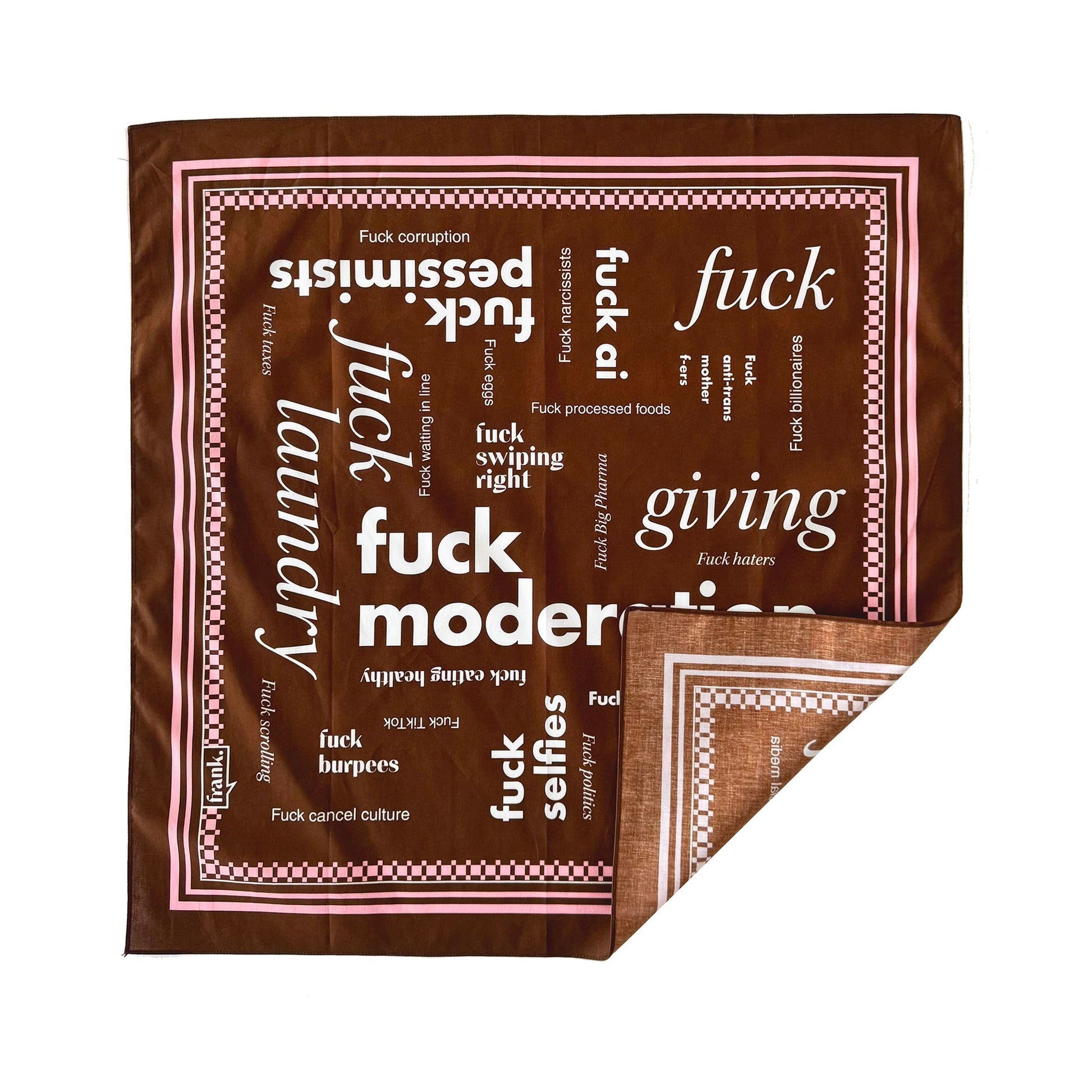 Brown bandana with corner turned up to reveal unprinted backside of bandana.
