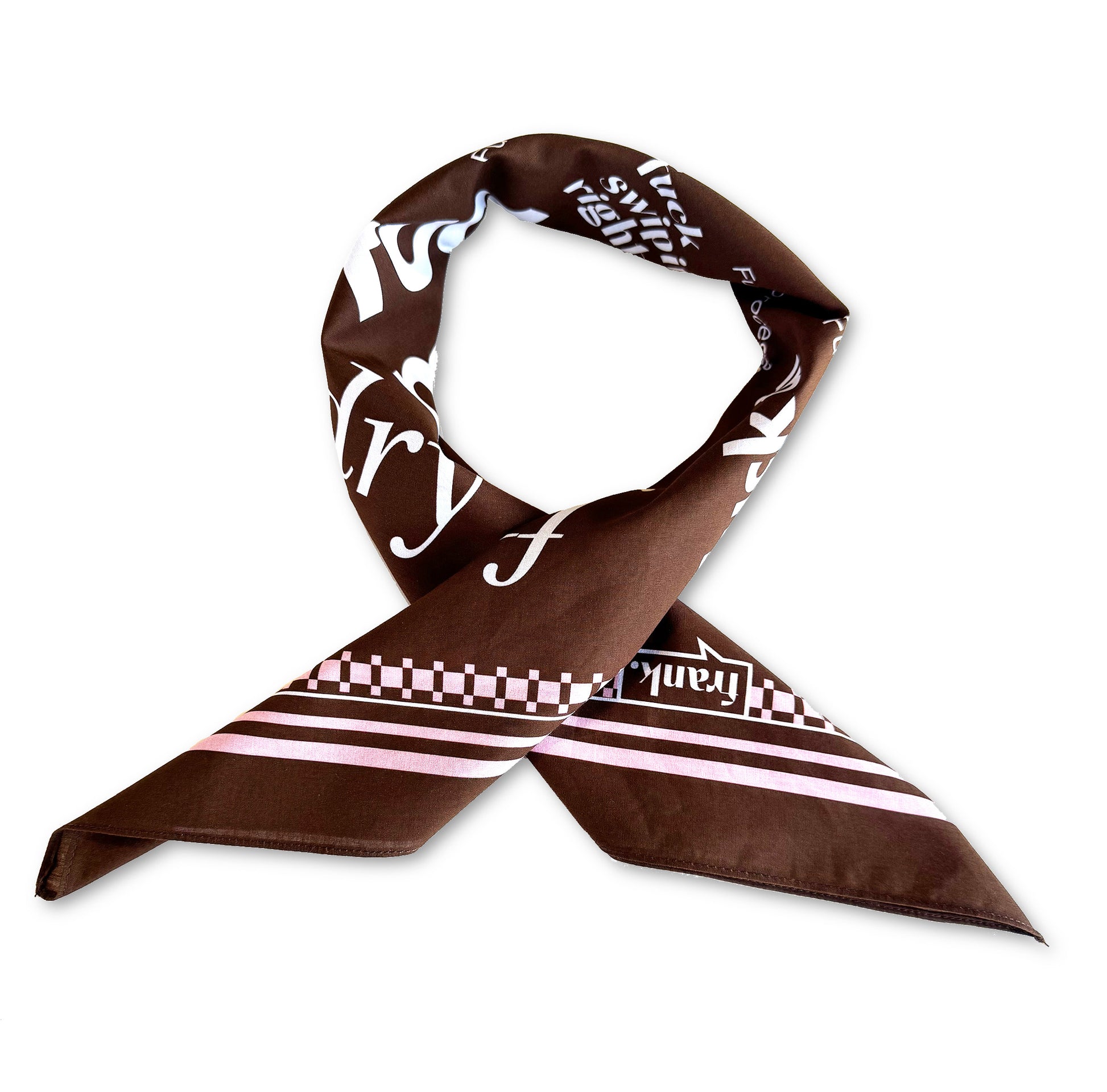 Brown scarf with pink accents, white text and patterns on a white background