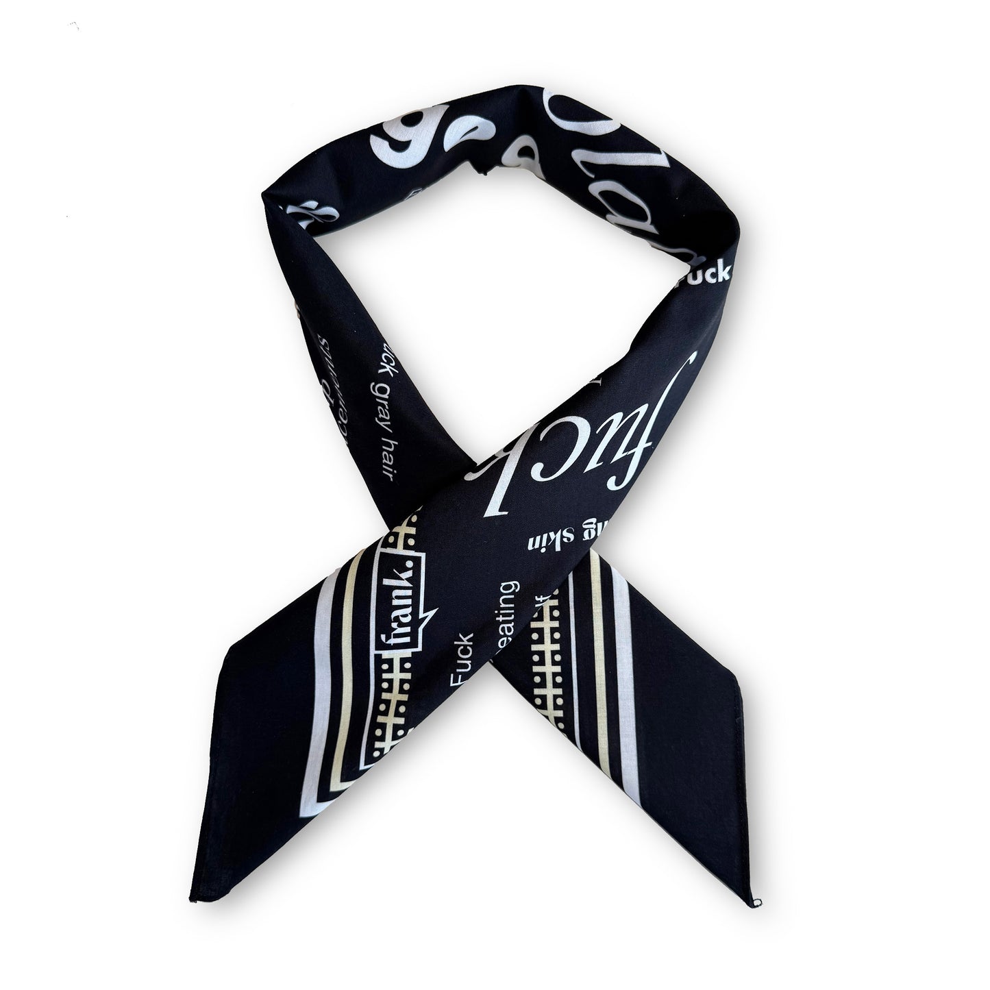 Black bandana with white text on a white background