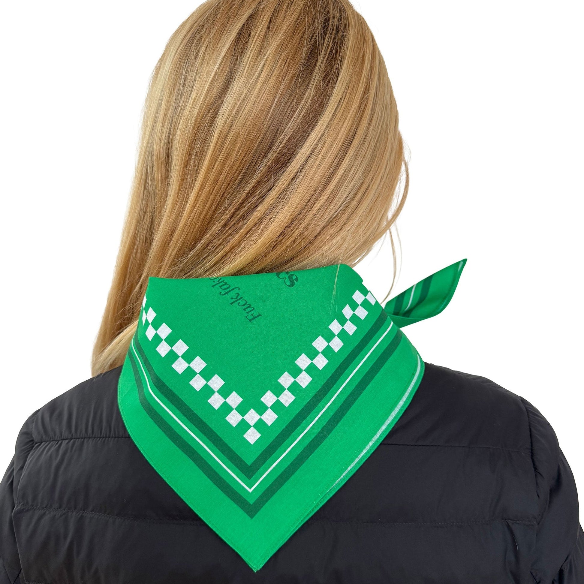 Person wearing a green bandana with a checkered pattern on a white background