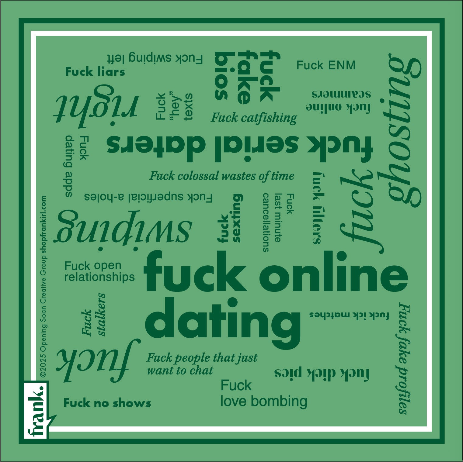 Napkin graphic of a green word cloud about online dating, including 'Fuck Online Dating' on a green background