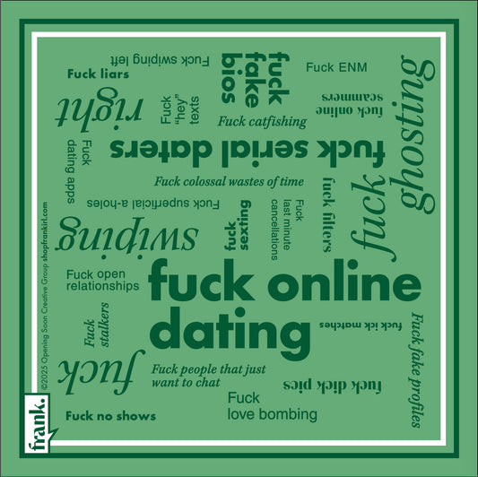 Napkin graphic of a green word cloud about online dating, including 'Fuck Online Dating' on a green background