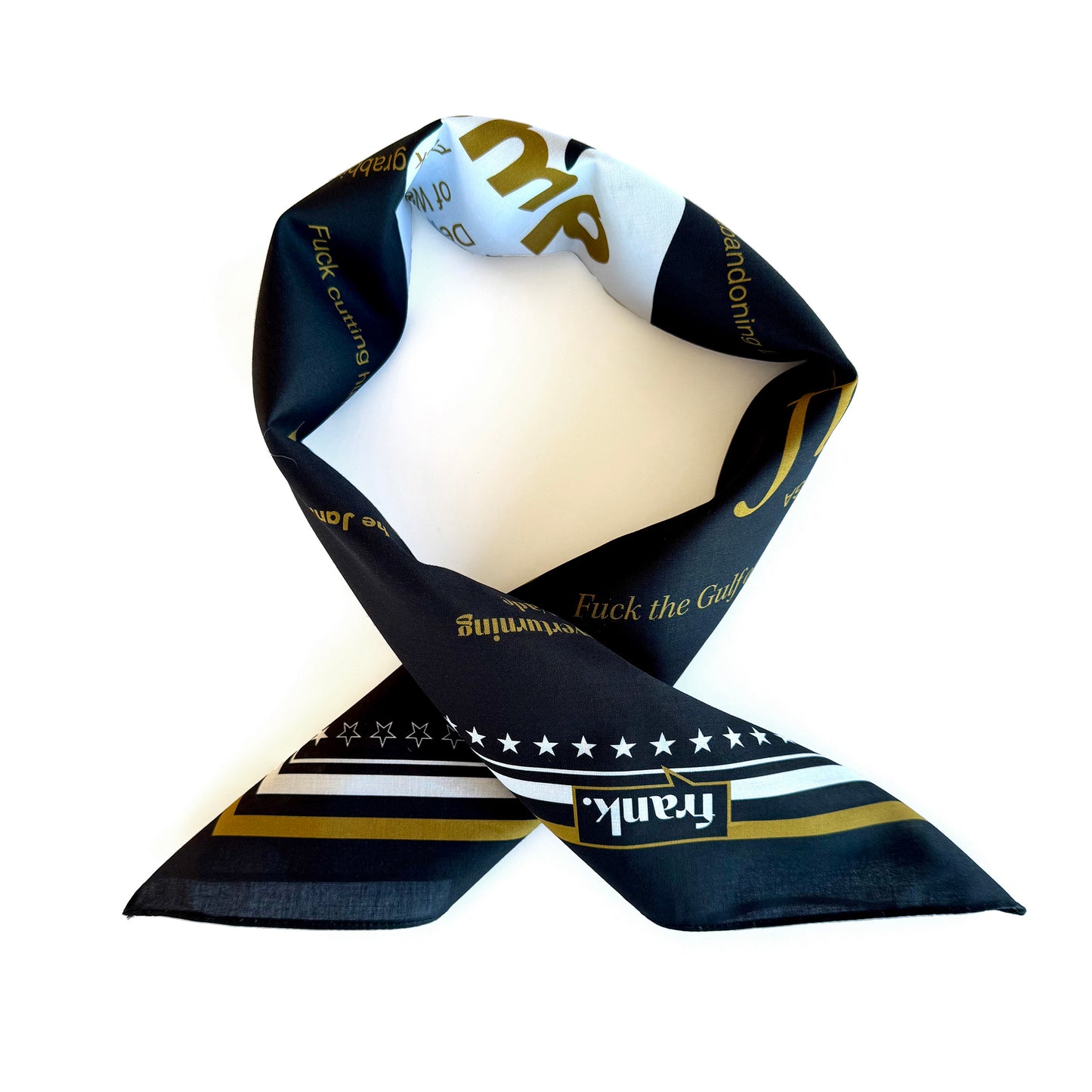 Black and gold bandana with text and star patterns on a white background