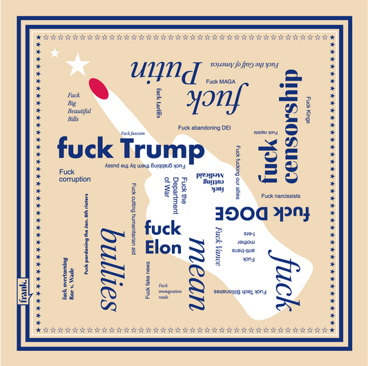 Beige bandana graphic with dark blue text and white accents. Blue typography around current political topics fills the bandana. There is a female hand flipping the bird in the center, with red fingernail polish. There is a navy blue border of stripes and stars.