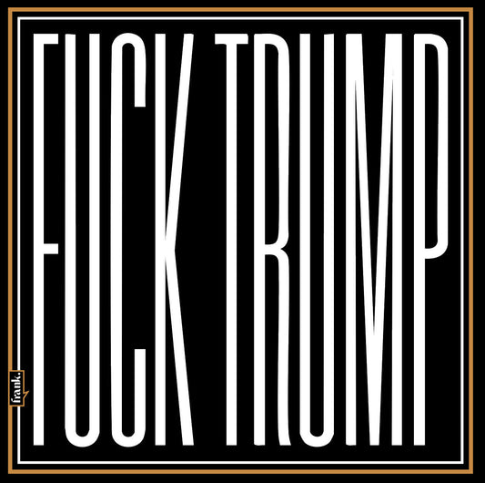 Bandana graphic of black background with white text 'FUCK TRUMP' and a brand logo in the corner.