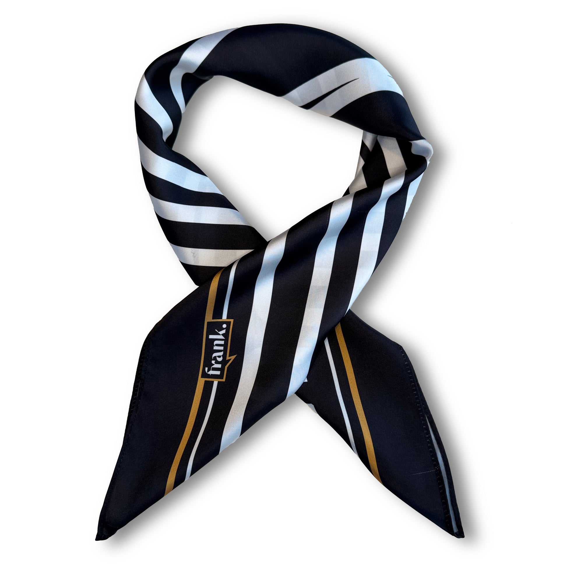 Black and white striped scarf with gold accents on a white background