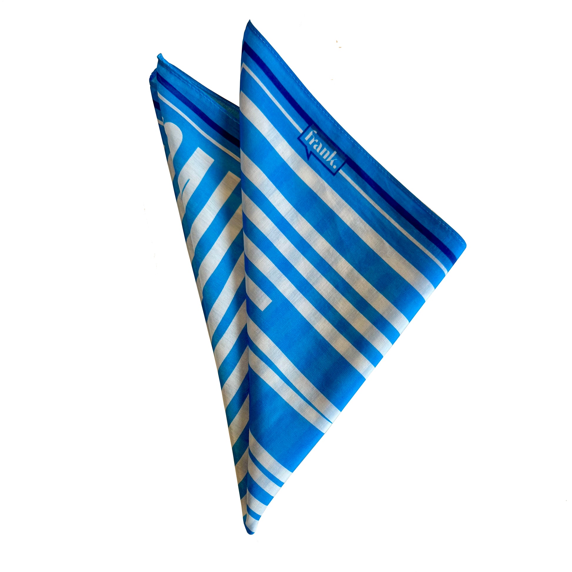 Blue and white striped silk blend fabric with 'frank' branding on a white background