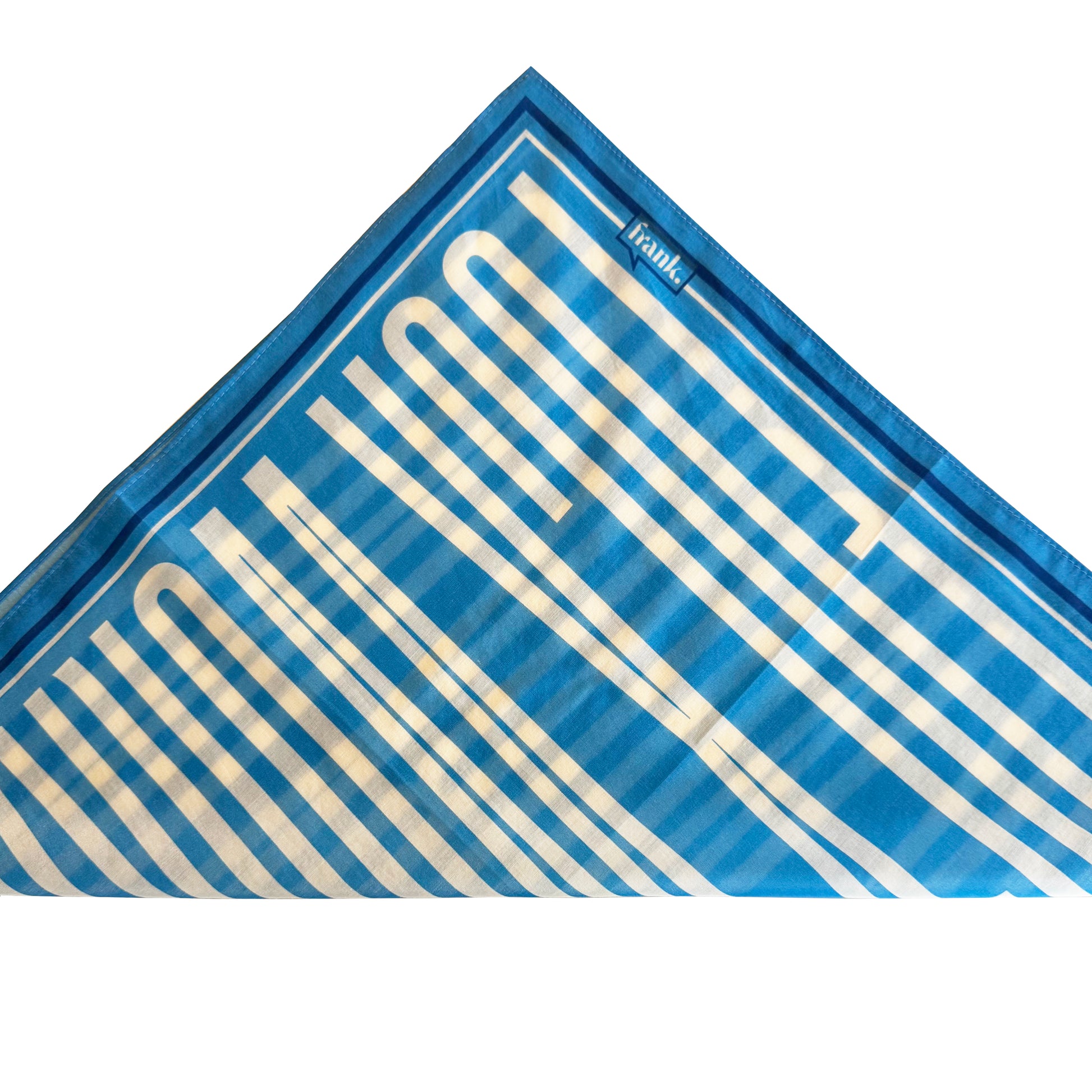 Blue and white striped silk blend scarf folded into a triangle with 'frank' branding on a white background.