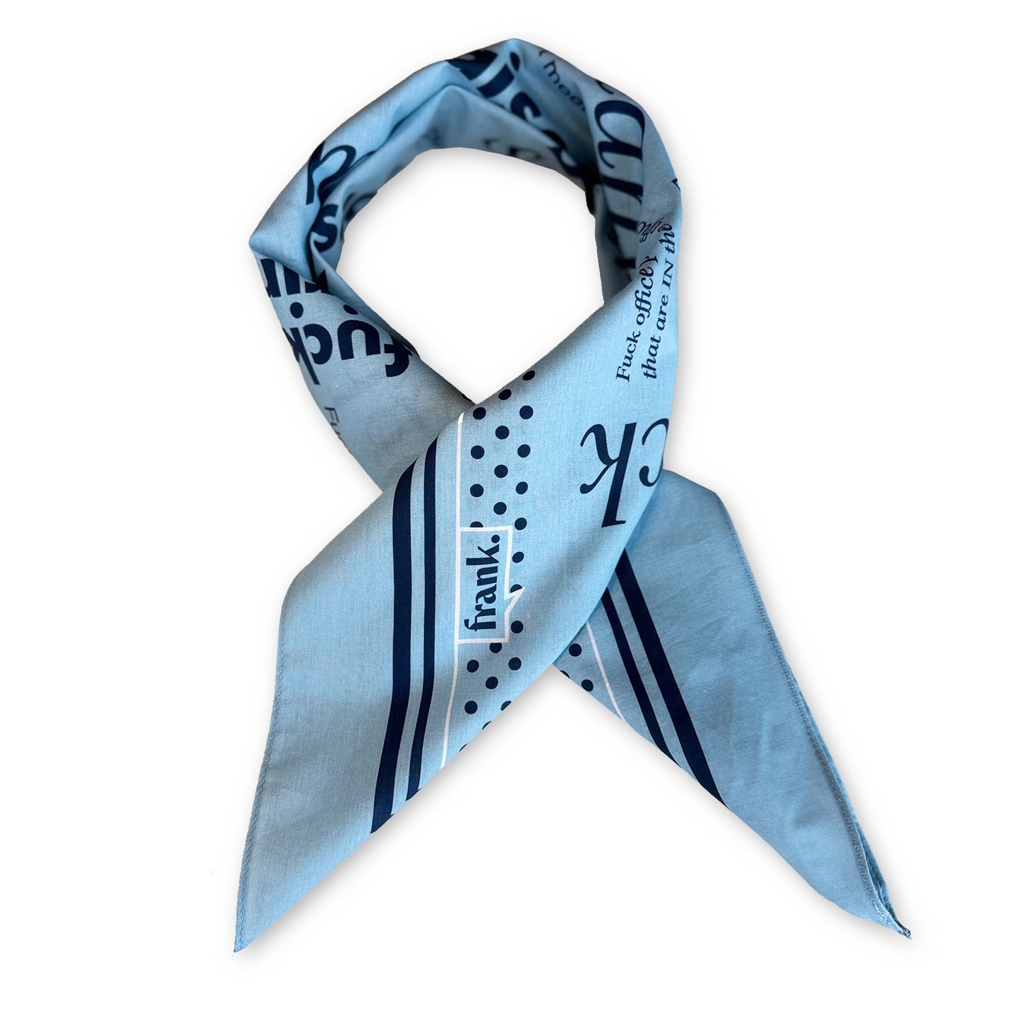 Light blue scarf with dark blue text and polka dots on a white background