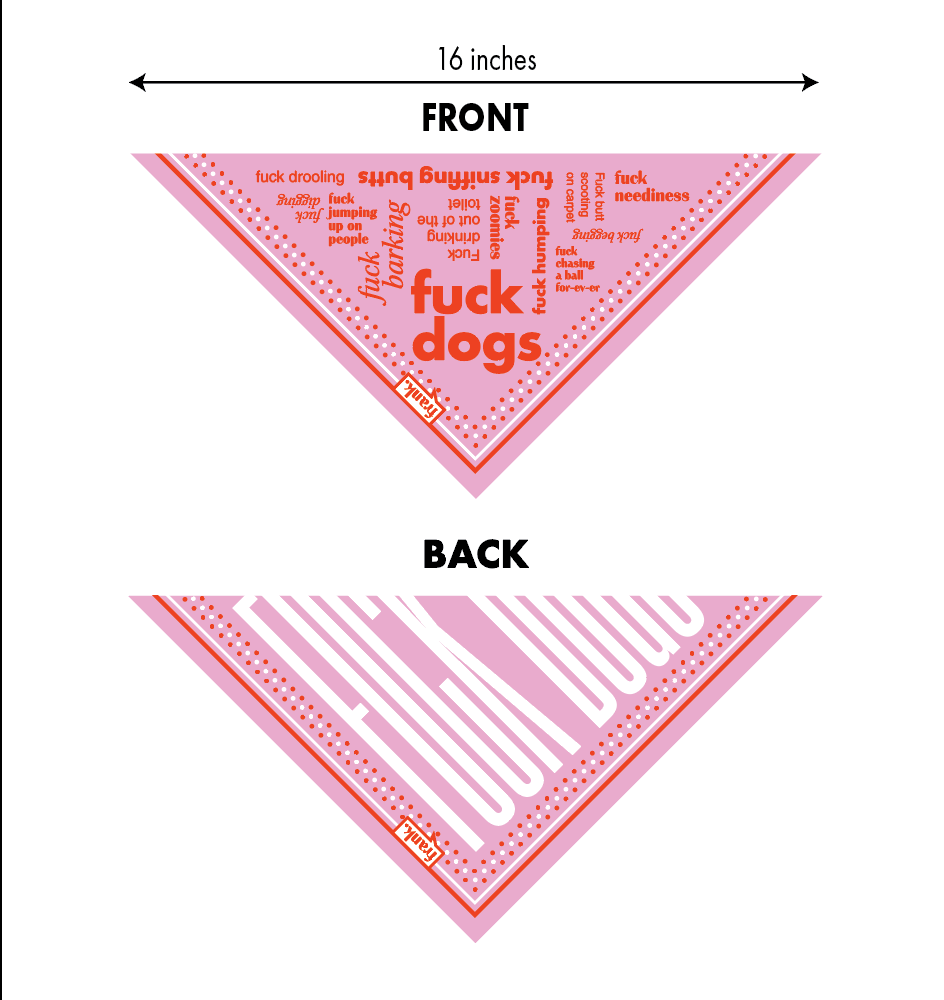 Graphic of pet bandana front and back, showing dimensions of width of 16 inches.