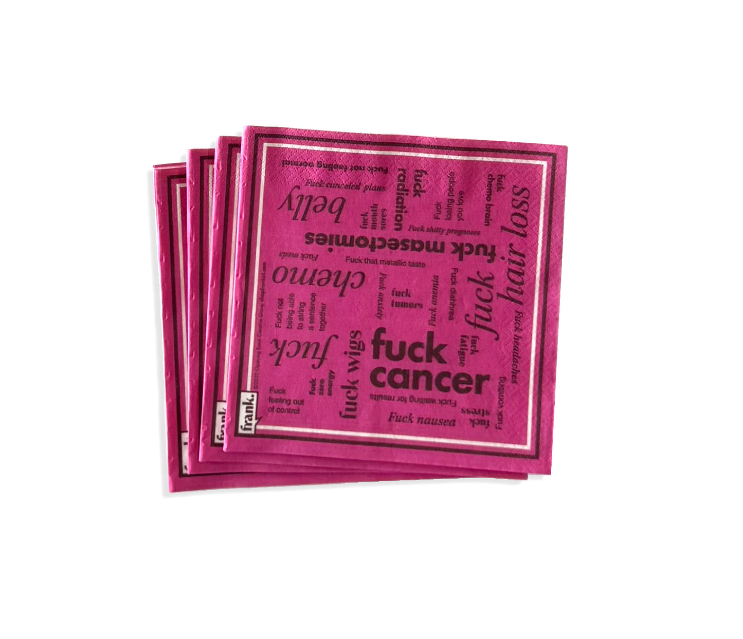 Stack of hot pink and burgundy Fuck Cancer Cocktail napkins with themes related to cancer and chemotherapy on a white background.