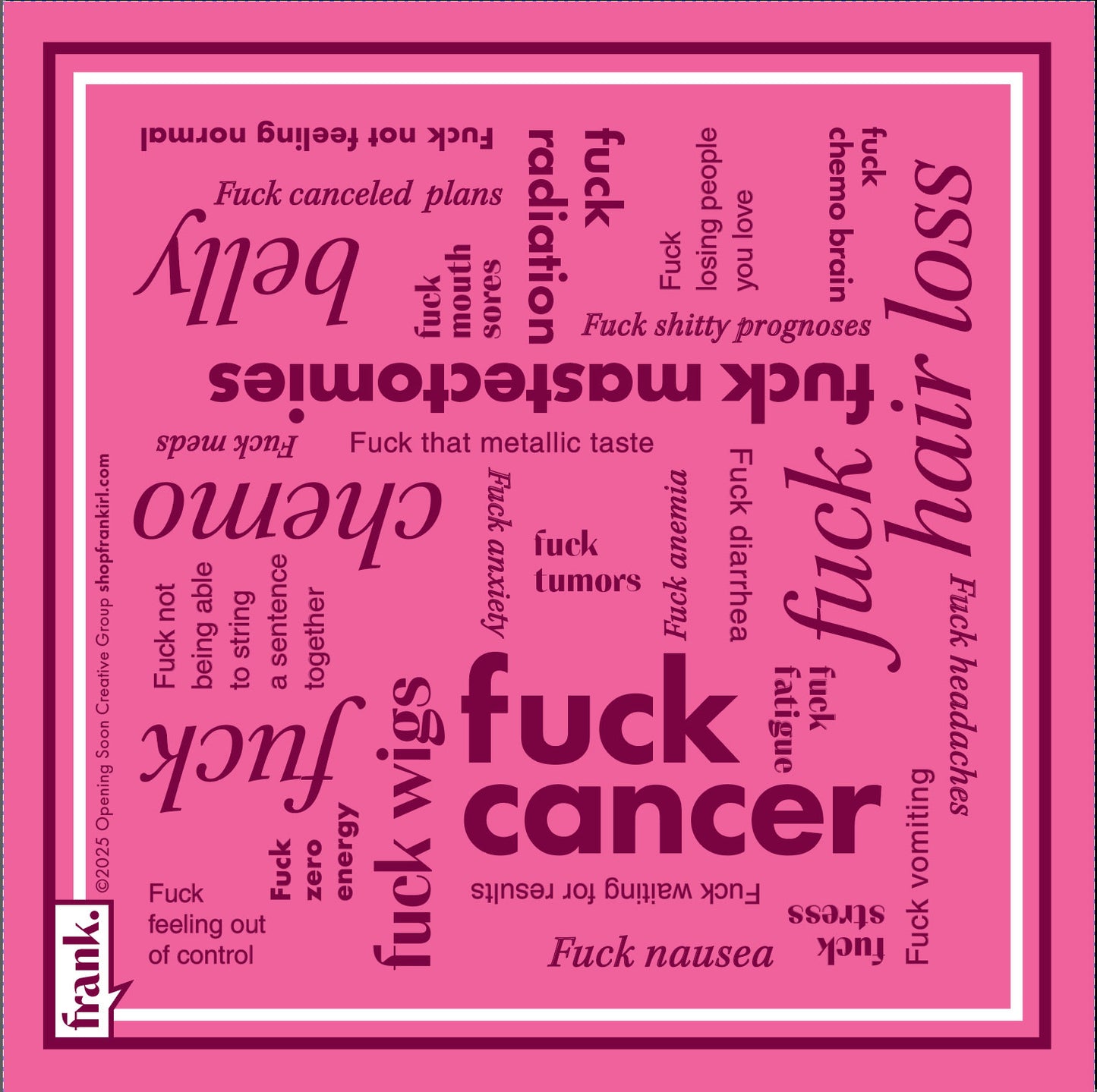 Hot pink and burgundy Fuck Cancer Cocktail napkin with themes related to cancer and chemotherapy.