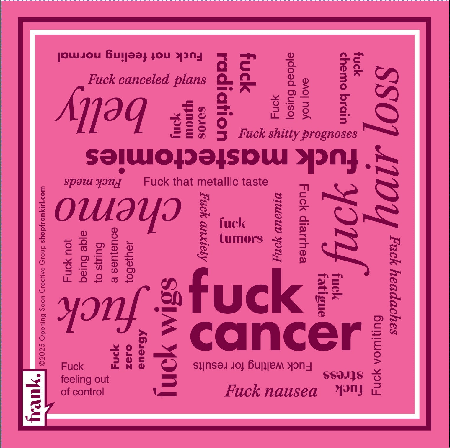 Hot pink and burgundy Fuck Cancer Cocktail napkin with themes related to cancer and chemotherapy.