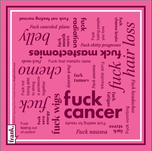 Hot pink and burgundy Fuck Cancer Cocktail napkin with themes related to cancer and chemotherapy.