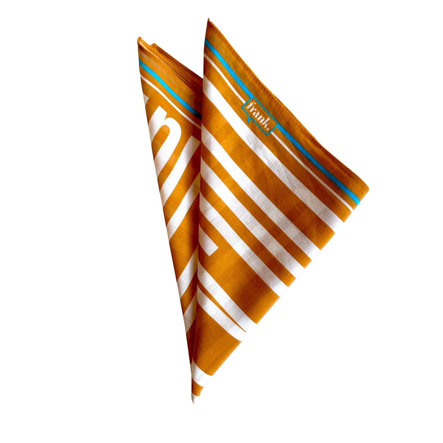 Folded gold silk blend scarf / handkerchief with 'frank' branding and turquoise border  against a white background.