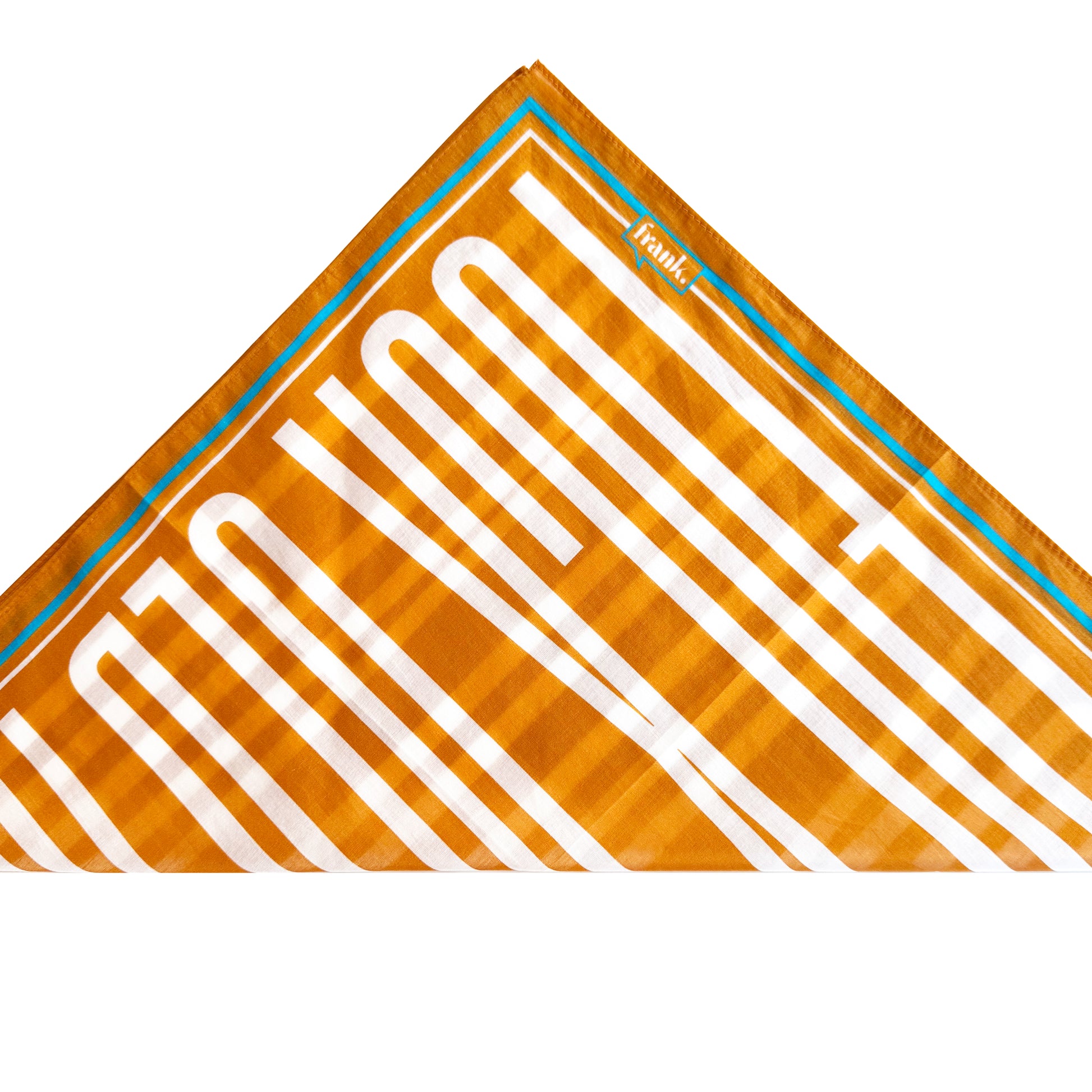 Triangular folded gold silk blend scarf / handkerchief with 'frank' branding and turquoise border against a white background.