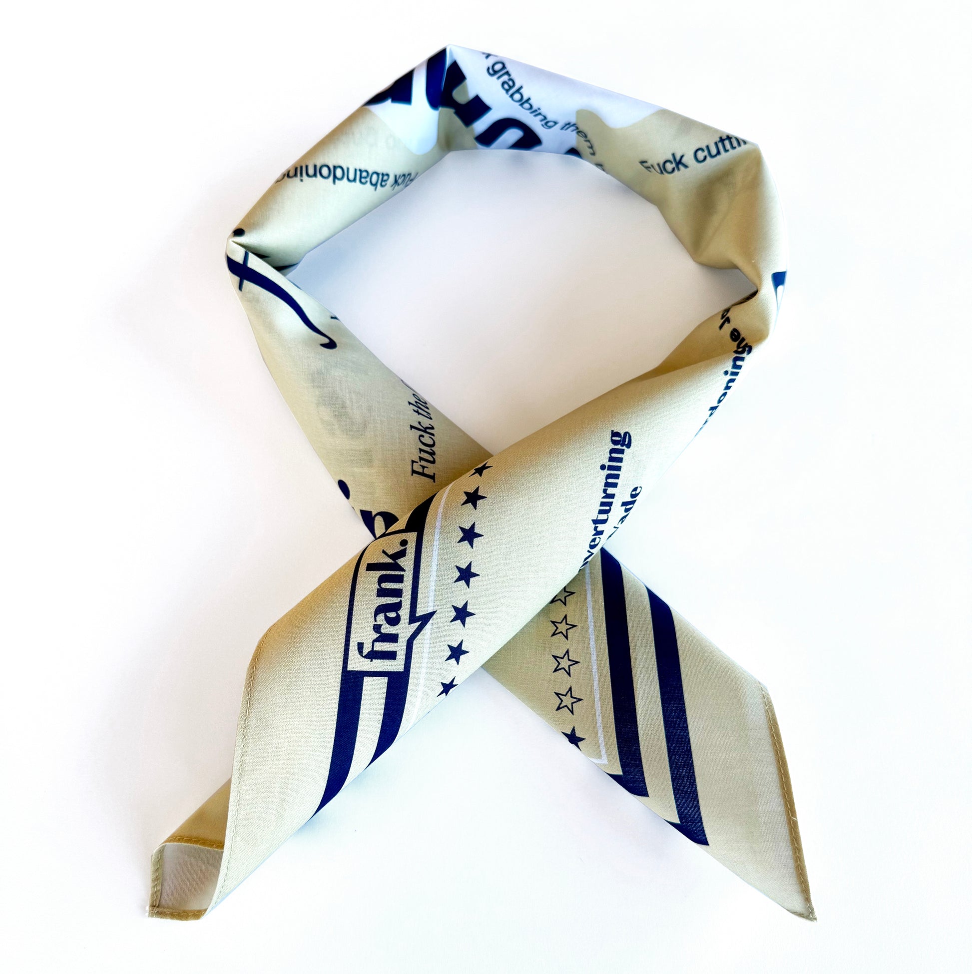 Folded bandana as one would wear around the neck with printed text and graphics on a white background