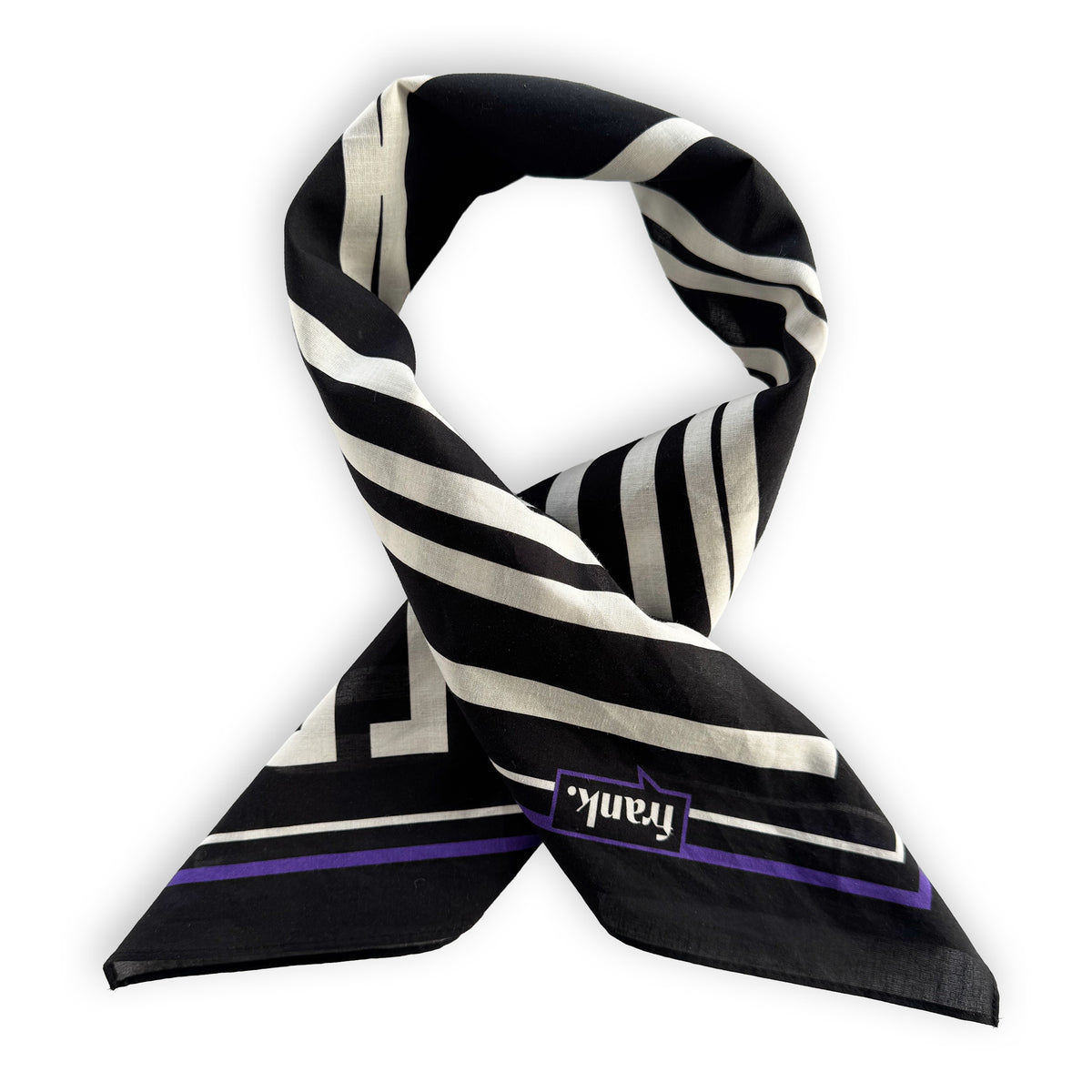 A black silk scarf with white stripes and a purple accent line, featuring a small purple label with the word 'Frank.' in white text, displayed on a clean white background.
