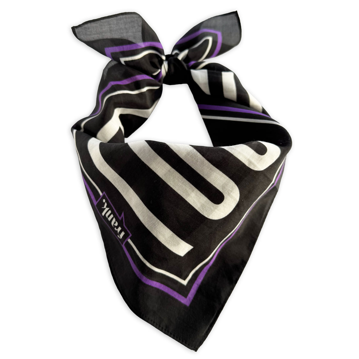 A black cotton bandana tie-neck scarf featuring a bold white graphic design and purple accent stripes, with the brand name 'Frank' printed on a small purple label.