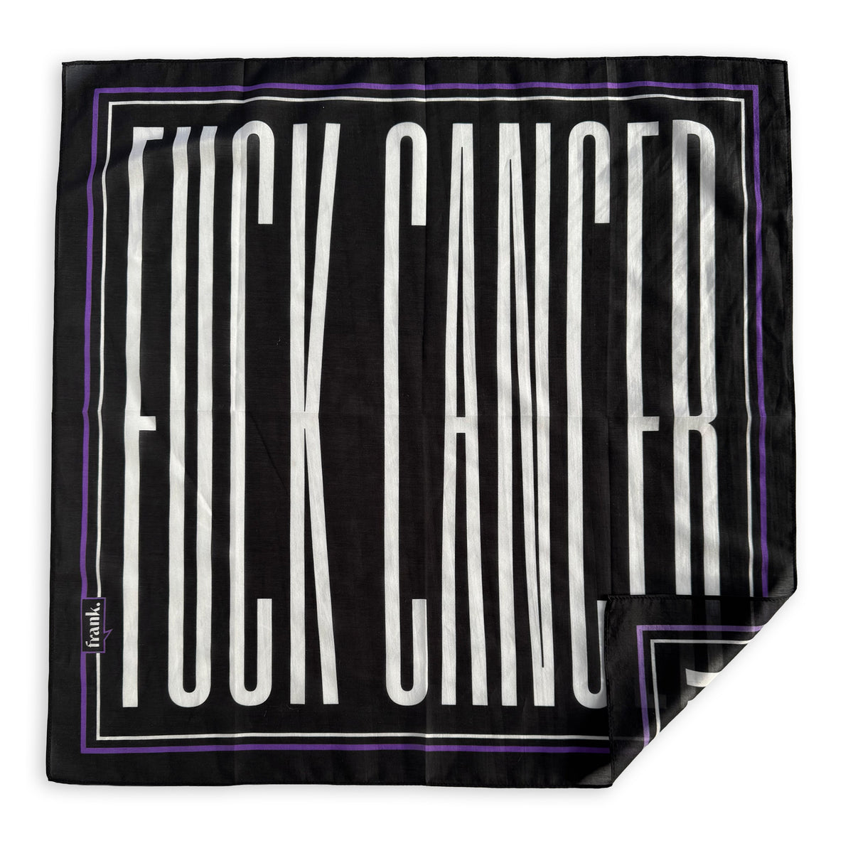 A square black silk blend scarf with bold white text reading 'FUCK CANCER' and thin purple border lines, shown on a plain white background with one corner folded over.