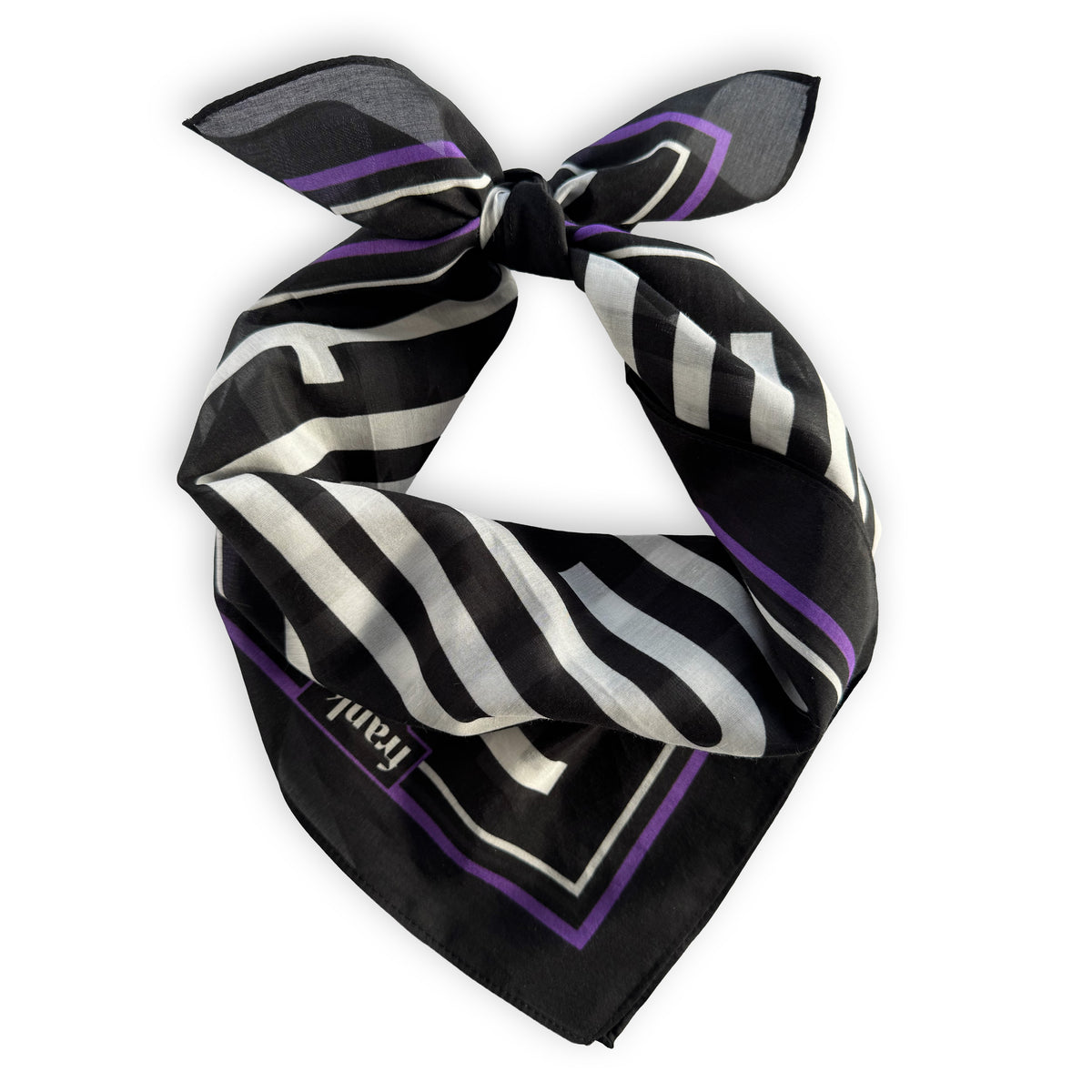 A black silk scarf with white stripes and purple borders, tied in a bow at the top and displayed on a clean white background.