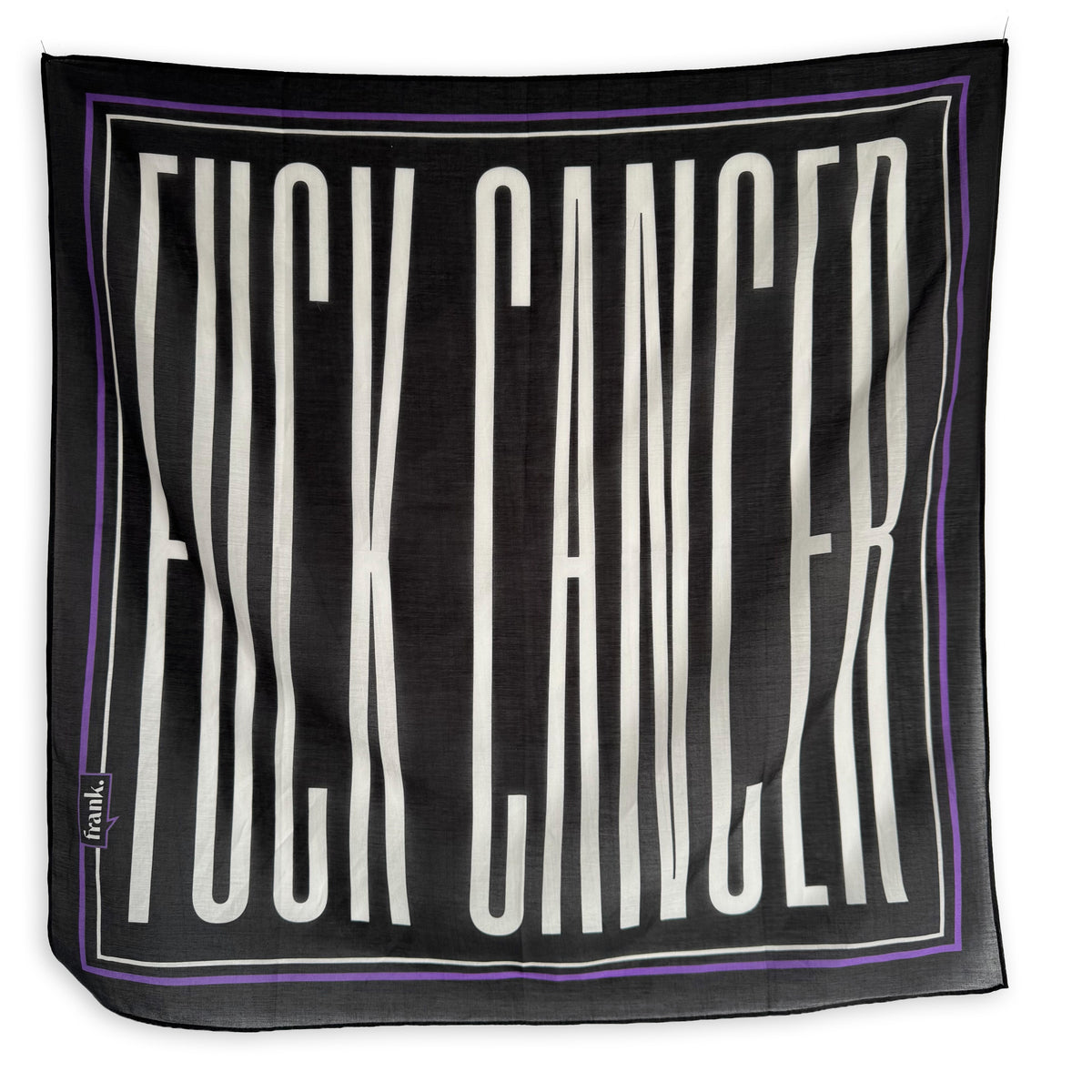 A square black silk blend scarf with a white striped 'FUCK CANCER' graphic and thin purple border lines, shown flat against a white background.