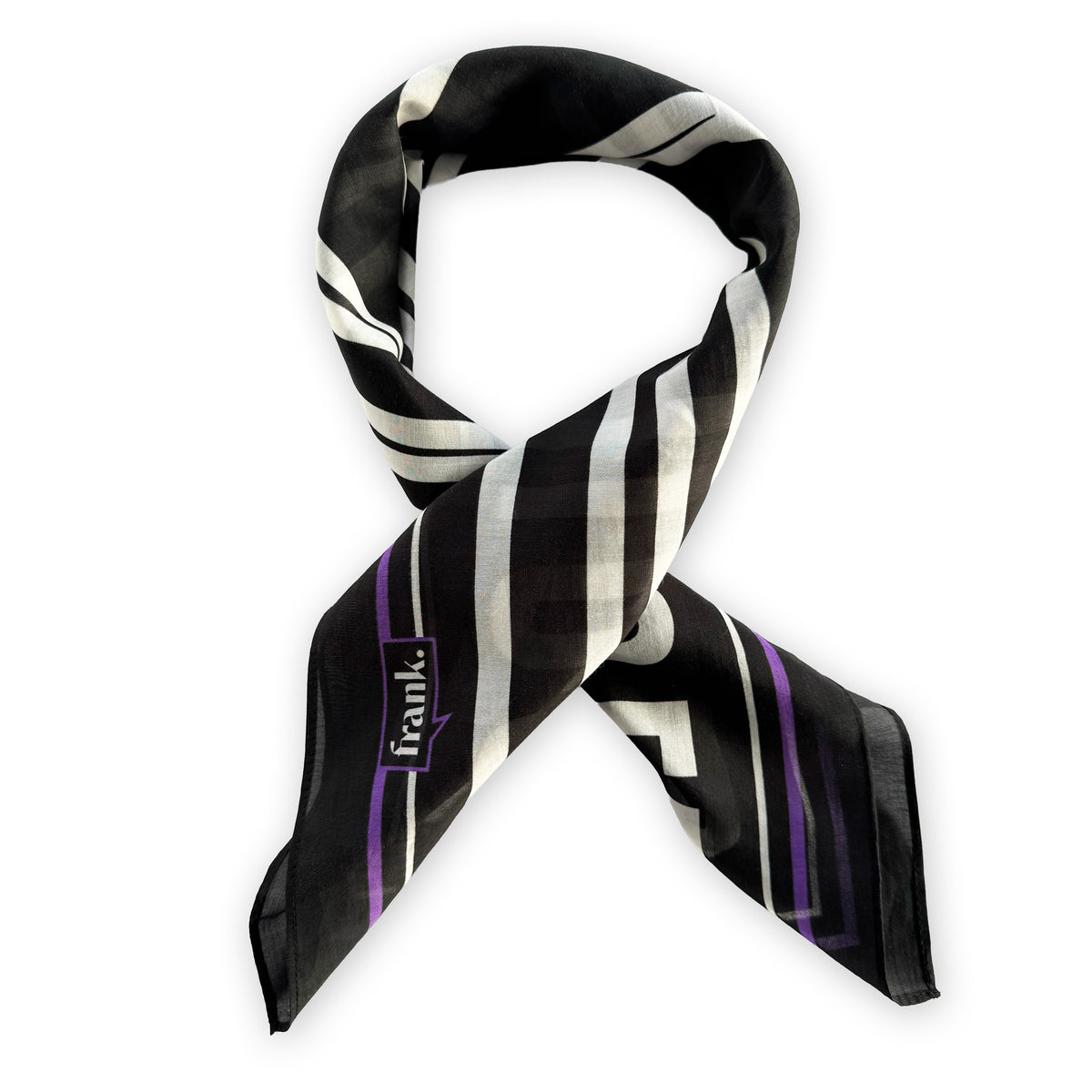 A black scarf with white and black vertical stripes and thin purple lines, featuring a small purple label with the brand name 'Frank.' on one corner, set against a plain white background.